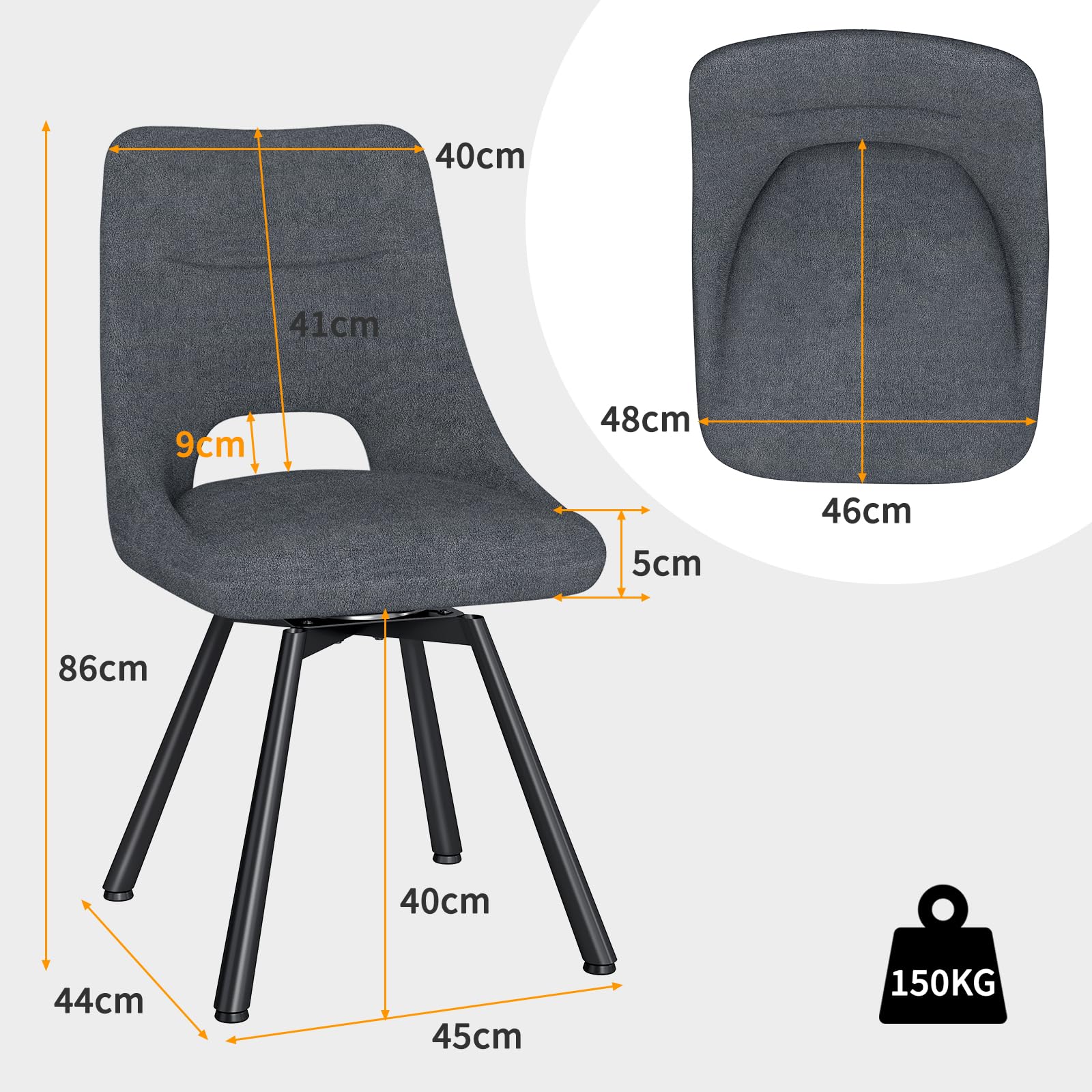 WAFTING Esszimmerstühle Drehbar 6er Set, 360° Drehbare Stuhl, 48 cm Breite Sitzfläche, Gepolsterte Küchenstühle mit Durchbrochene Rückenlehne, für Esszimmer, Küche, Wohnzimmer und Cafés, Dunkelgrau