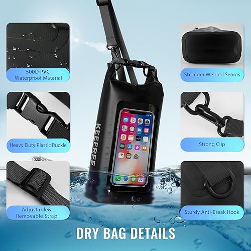 Miniatura 3 de Bolsa seca impermeable, mochila enrollable impermeable para viajes, kayak, rafting, camping, surf, barco, senderismo, playa y pesca (2 L, negro y