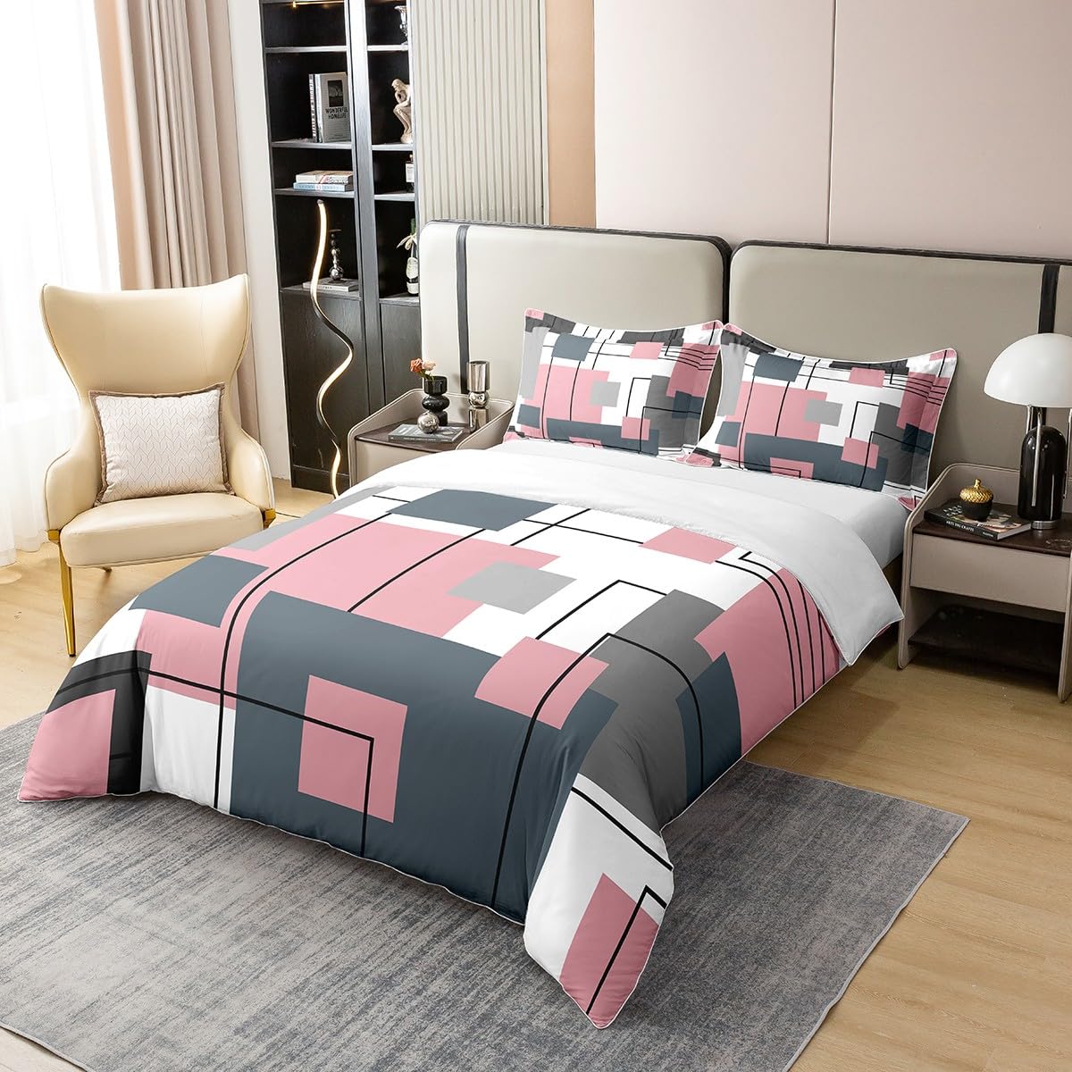 100% Cotton Black White Grey Pink King Bedding Set Geometric Square Comforter Cover for Kids Girls Teen Women Bluish Gray Grid Duvet Cover Modern Abstract Lines Quilt Cover 2 Pillow Cases - Image 2
