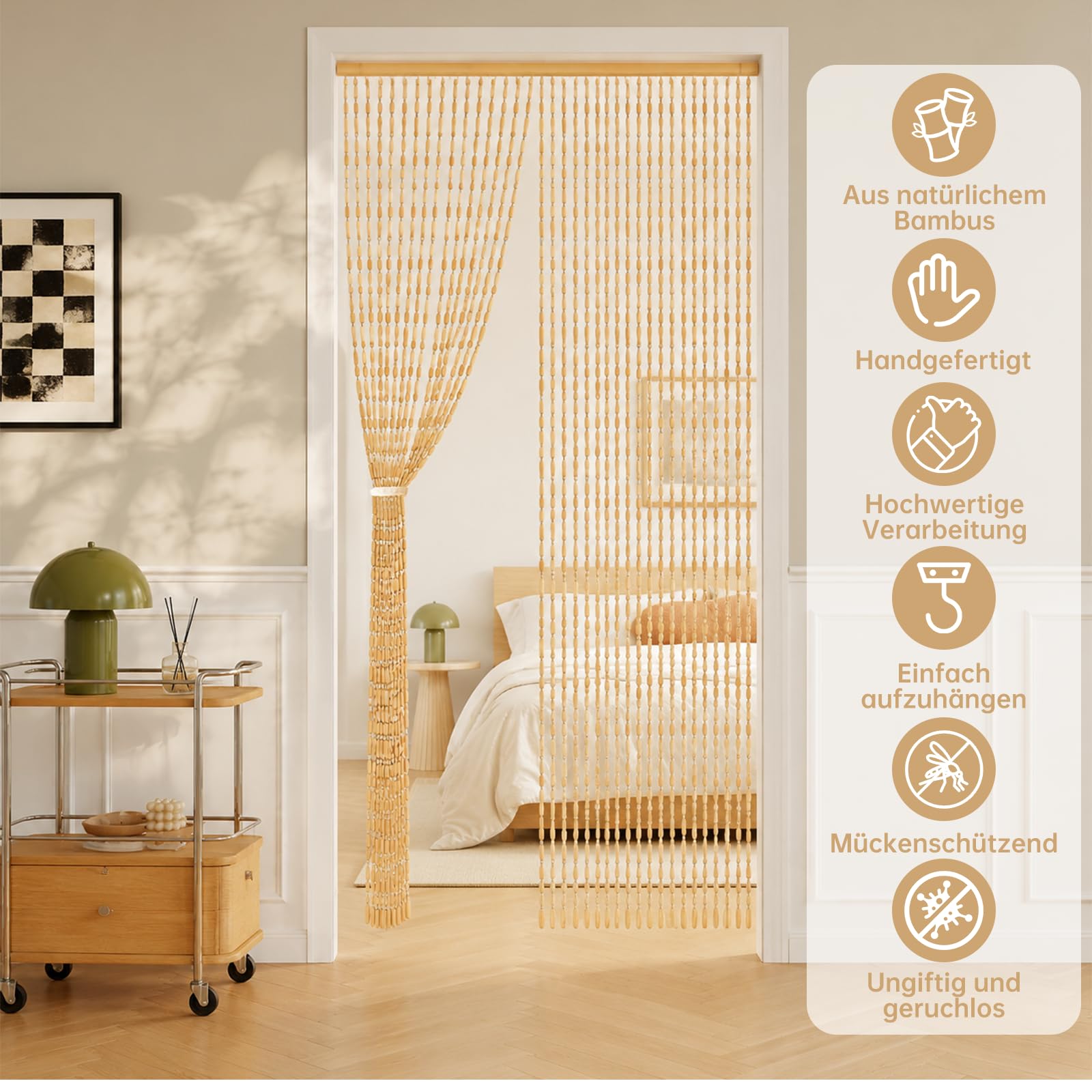 90x200cm Perlenvorhang, Handgefertigte Natur Türvorhang Perlen, 52 Stränge Beige Retro Perlenvorhang Türvorhang für Schlafzimmer Balkontür
