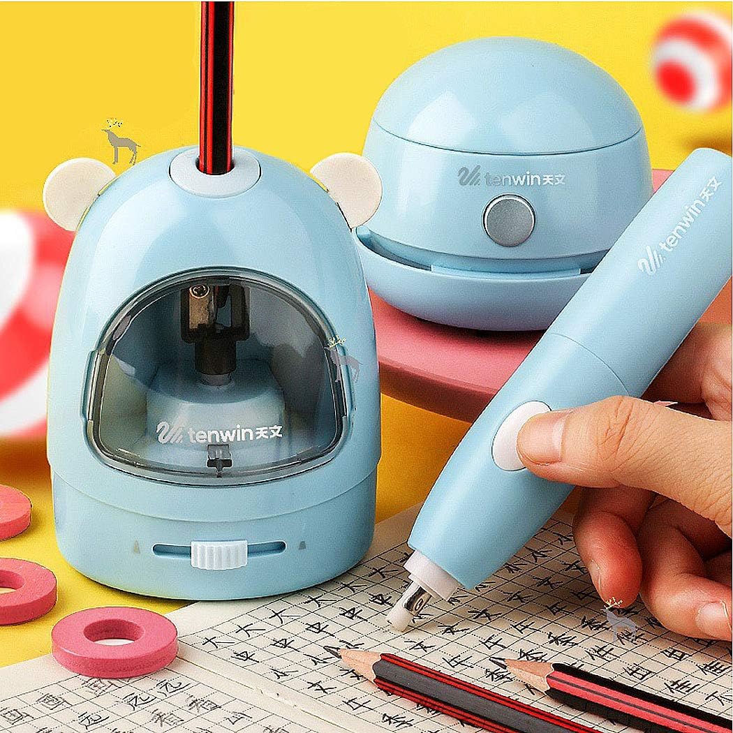 Electric Pencil Sharpener Stationery Set Gift Box Desktop Vacuum Cleaner Electric Eraser with Replacement Blade, Eraser, Battery Operated Automatic Sharpener, Blue