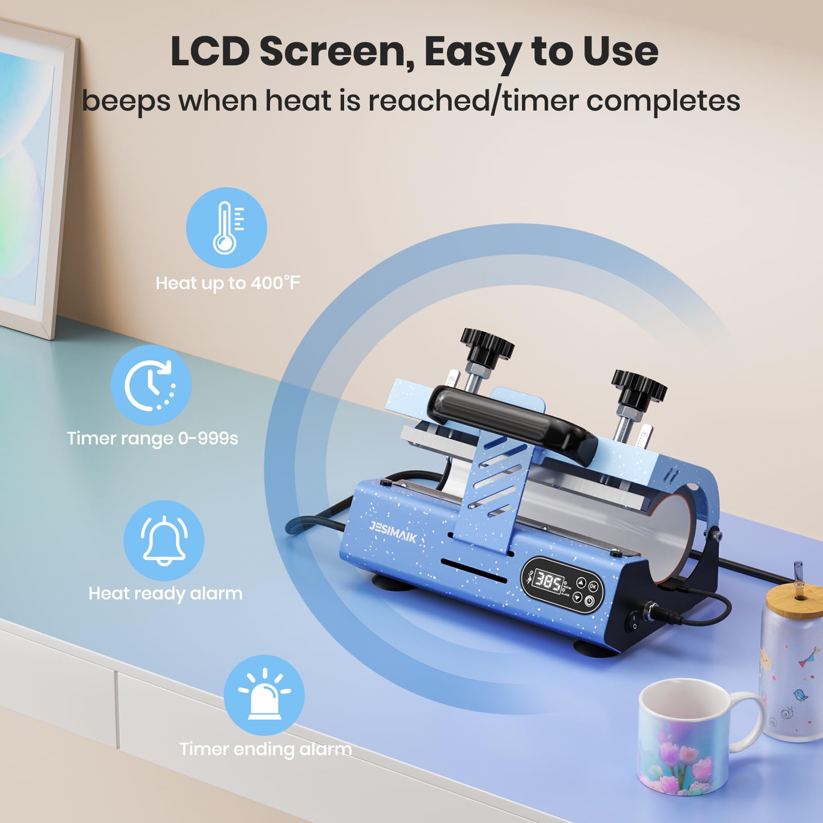 JESIMAIK Tumbler Heat Press Machine with Pressure Rulers for 20oz-30oz Sublimation Blank Glass Cups, Mug Press with Temperature & Timer Setting for 11-16oz Coffee/Ceramic Mugs - Starry Blue