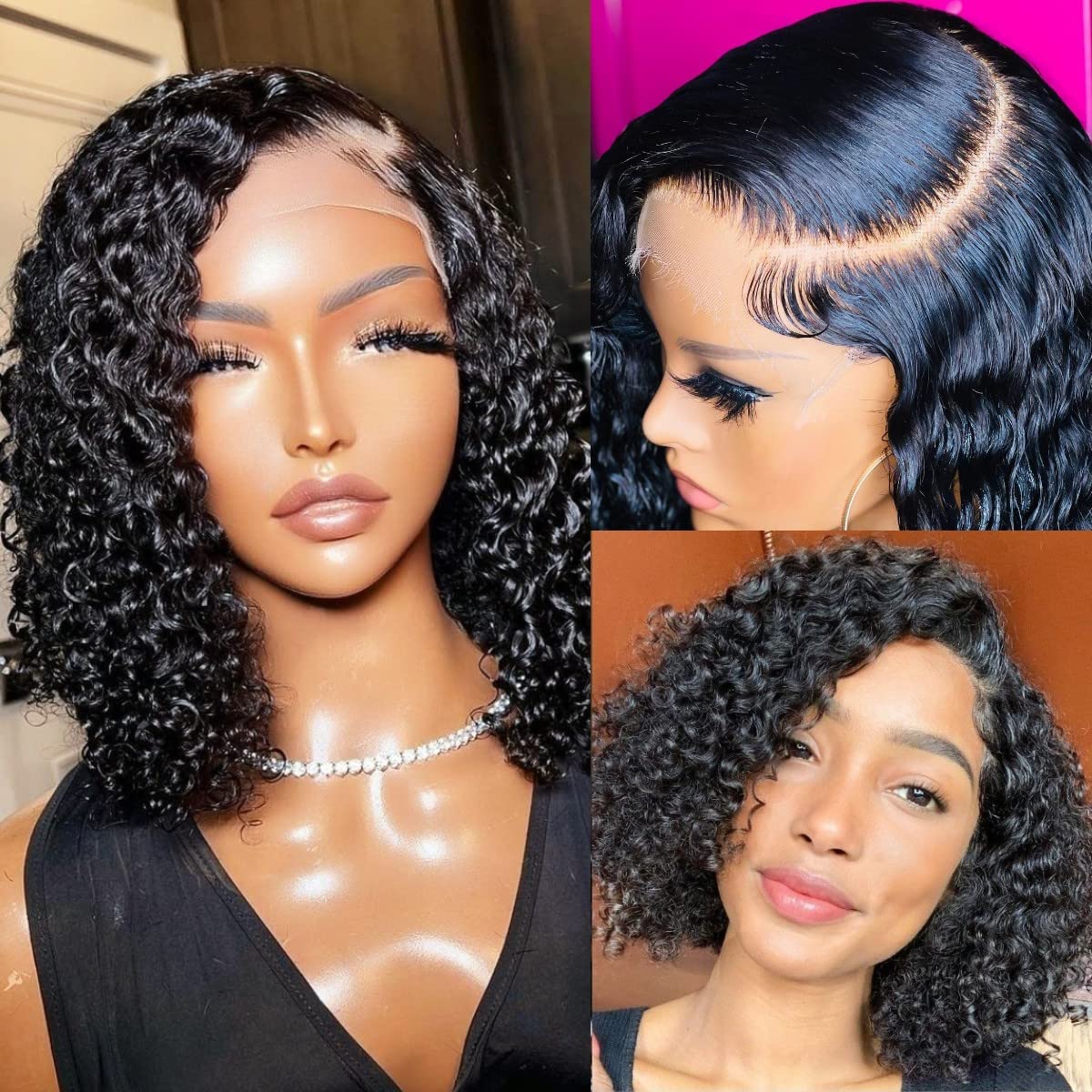180 Density 5 Inch Large C Part Lace Frontal Short Curly Bob Wigs Undetectable HD
