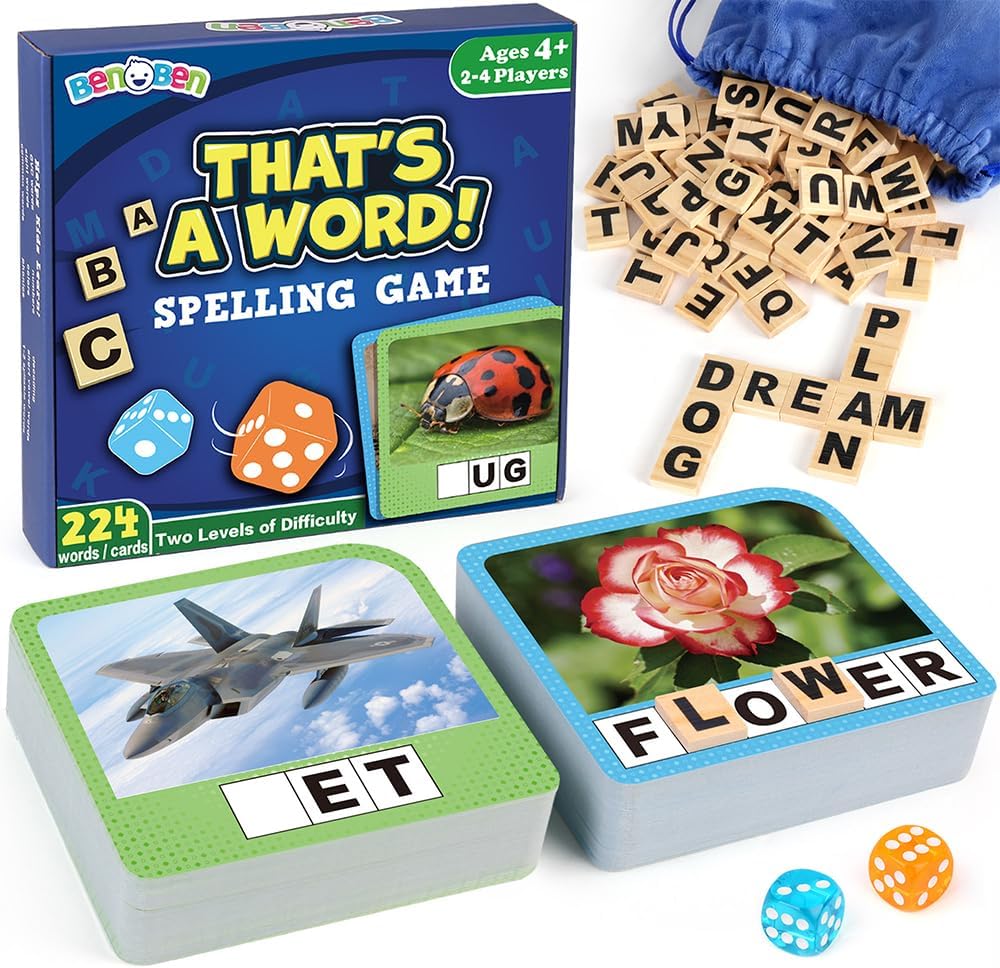 Spelling Games, 224 Flashcards, 208 Wood Letter Tiles, 1-4 Players, Learning Games for Kids 4-8, Educational Toys for Kindergarten 1st 2nd Grade, Preschool Classroom Must Haves