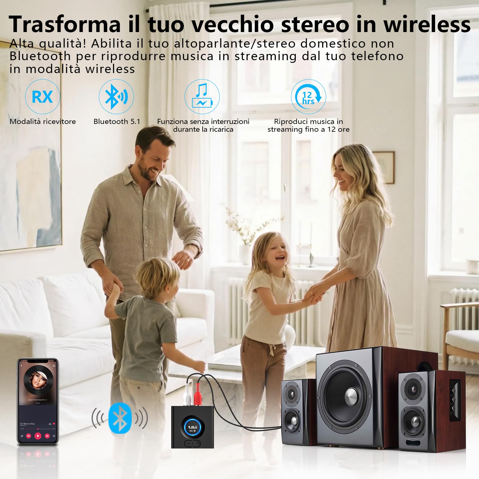 1Mii Ricevitore Bluetooth Senza Fili HiFi, Adattatore Audio Bluetooth RCA/AUX 3,5mm per Impianto Stereo, Autonomia 12H, Bassa Latenza