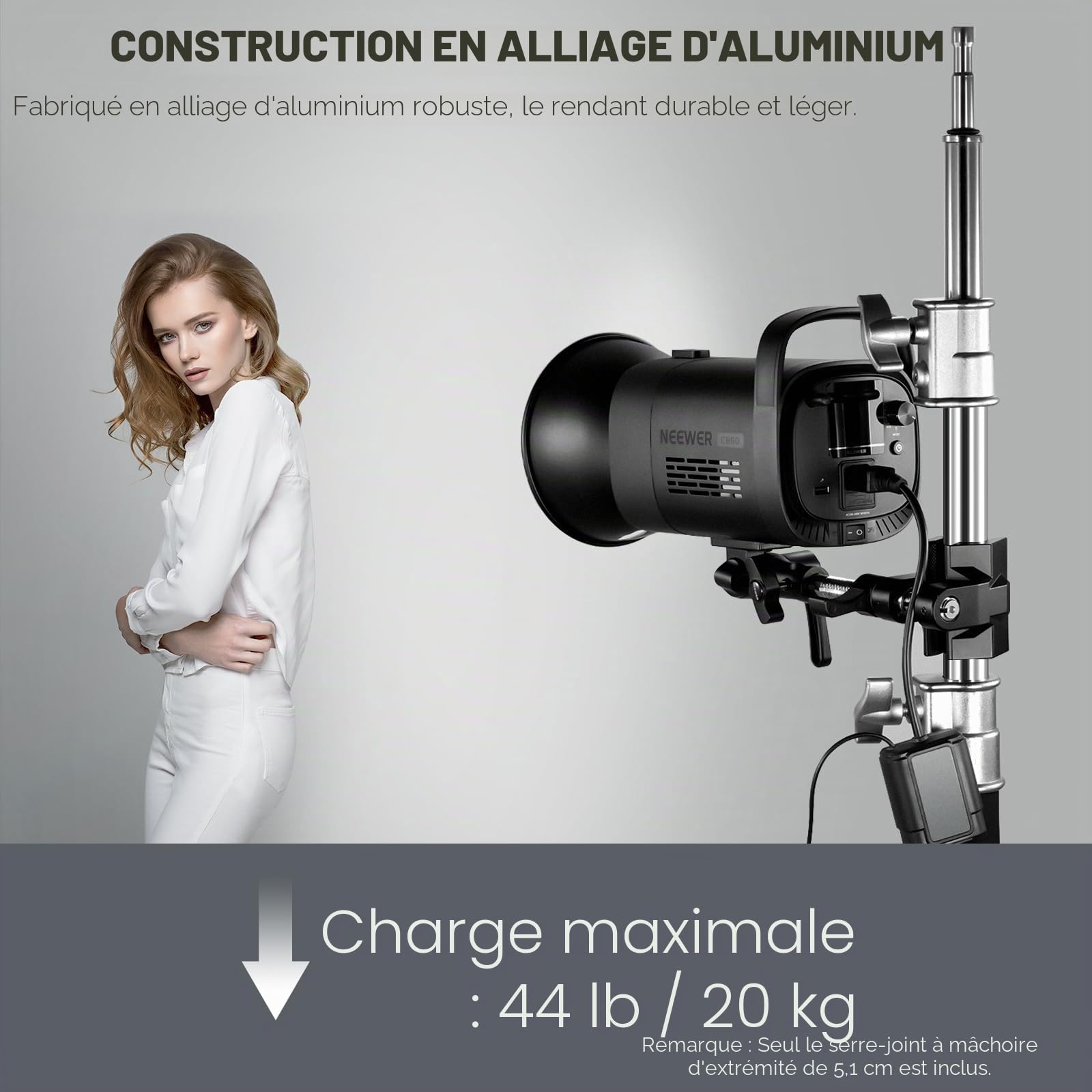 NEEWER 2" Griffe Étau en Acier avec Goujon de 5/8",Mâchoire Réglable en Aluminium, Coussinet en Caoutchouc de Support C,Anti-Torsion,Poignée Rotative pour Lumière Vidéo LED Softbox,UA015