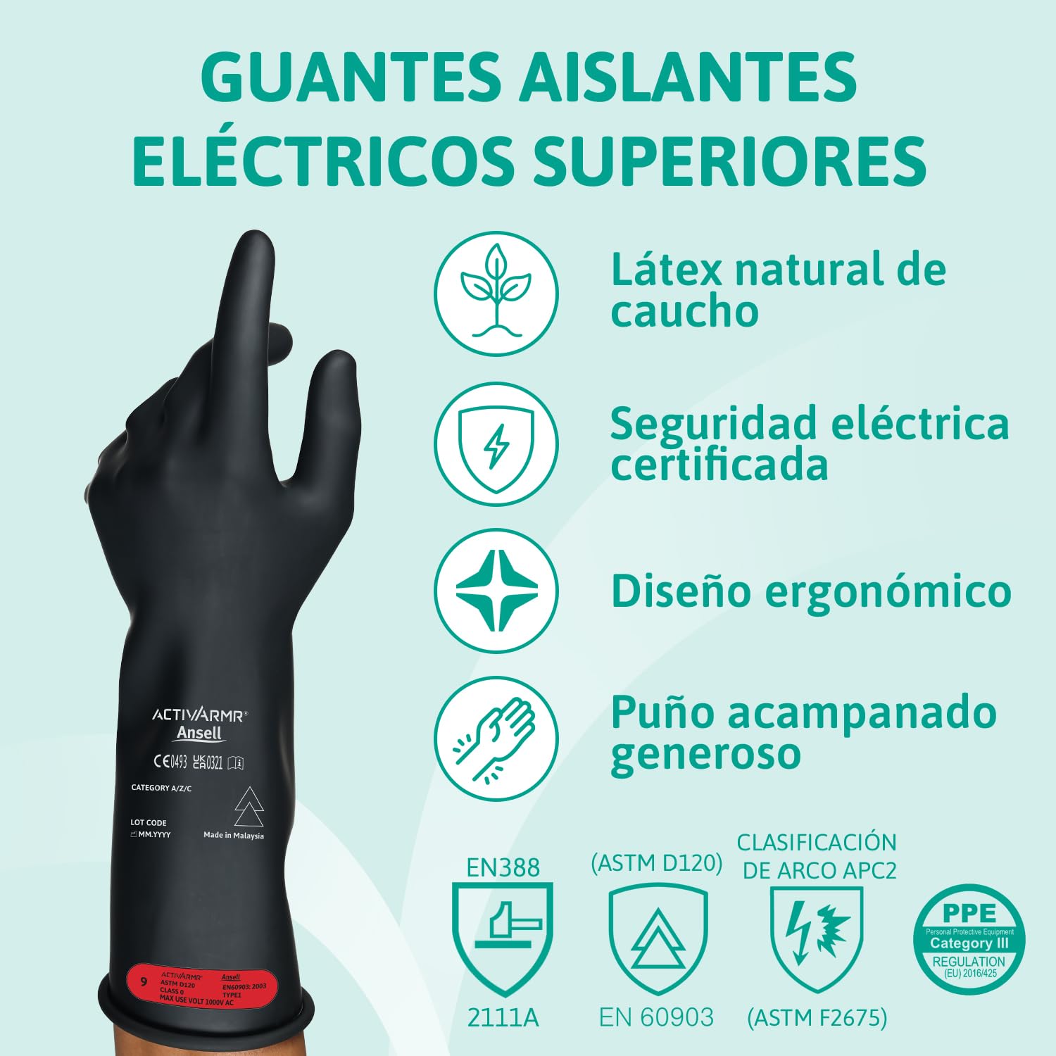 Ansell ActivArmr Guantes Aislantes Dieléctricos, Protección Eléctrica Class 0, Tensión 1000V, Trabajos con Electricidad, Látex de Caucho Natural, 36 cm, Negro, Talla L, 1 Par