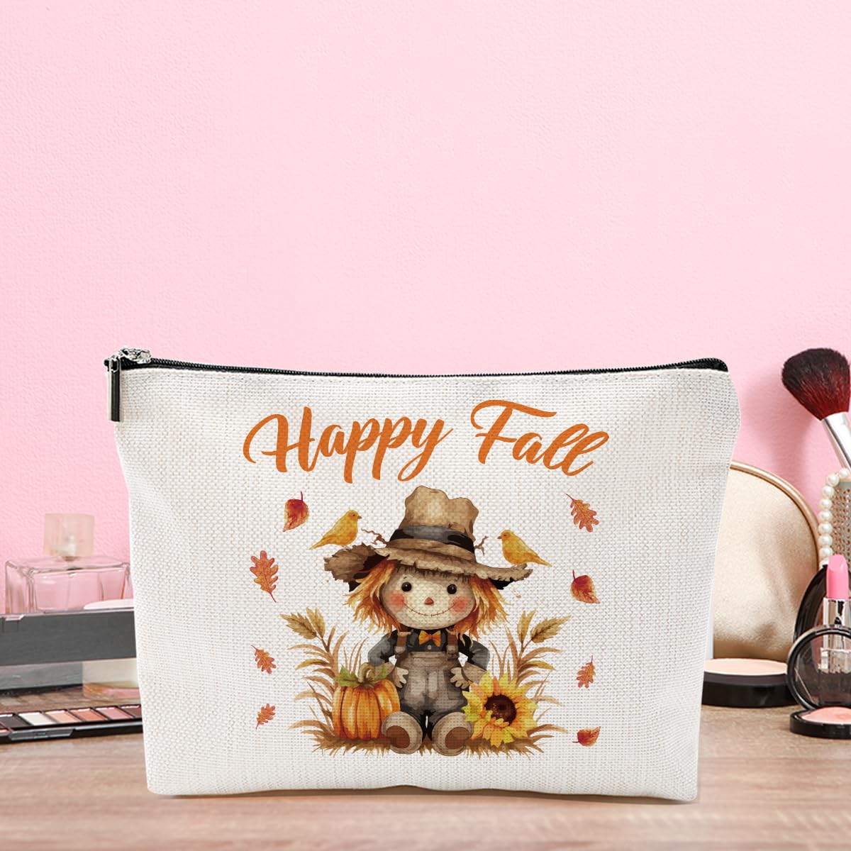 Fall Leaves Scarecrow Makeup Bag Autumn Thanksgiving Harvest Gifts for Friends Women Mom Happy Fall Cosmetic Bags