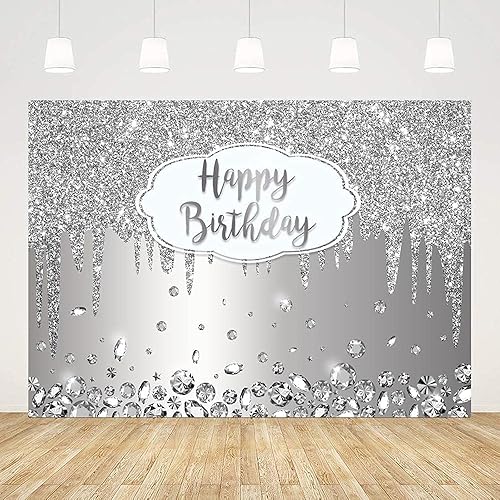 ABLIN Telón de fondo de feliz cumpleaños de 7 x 5 pies con purpurina de cristal de diamante plateado, fondo de fotos para niñas y mujeres,