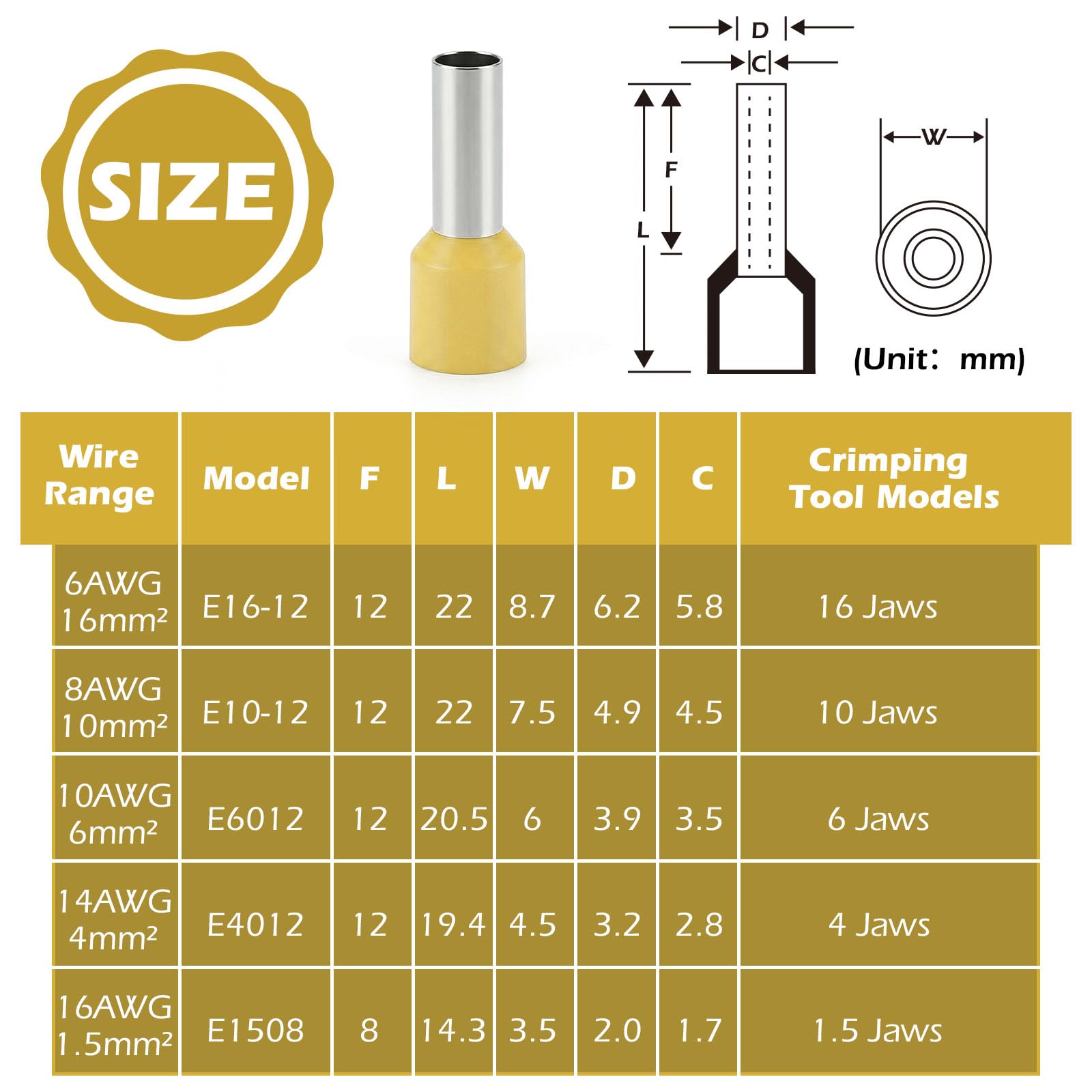 Lote de 200 Terminal del Extremo del Cable 6mm²x12mm, Juego de Férulas para Cable, Conexiones para Cables Electricos,Conector de Crimpado de Alambre Cobre para conexiones de cables （Amarillo）