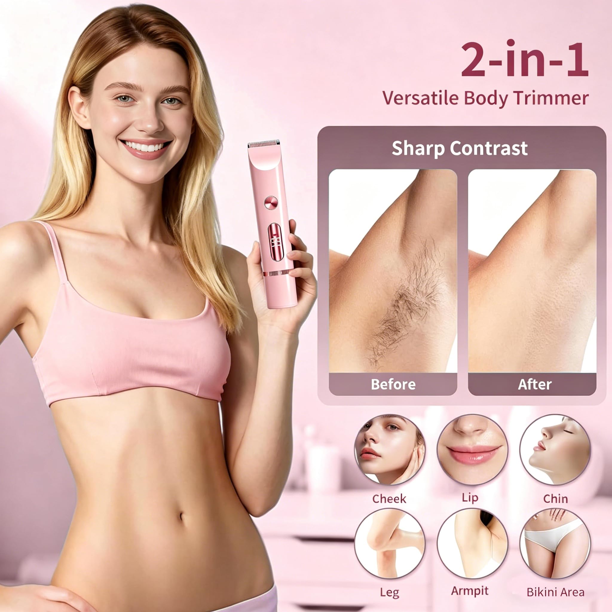 Rasoir Électrique 2 en 1 Femme - Tondeuse Intime & Visage, Étanche IPX7 Douche Humide/Sec, avec Écran LED et Lames Hypoallergéniques pour Zones Sensibles, Précise et Sans Irritation (Rose)