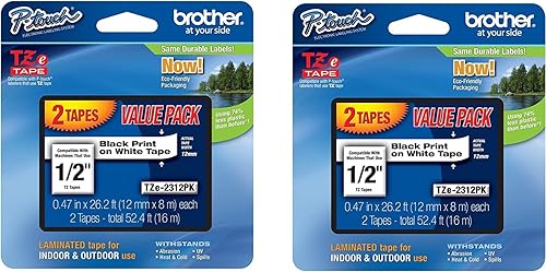 Brother TZe2312PK - Cinta laminada negra sobre blanca, paquete de 2 unidades (total de 4 cintas)