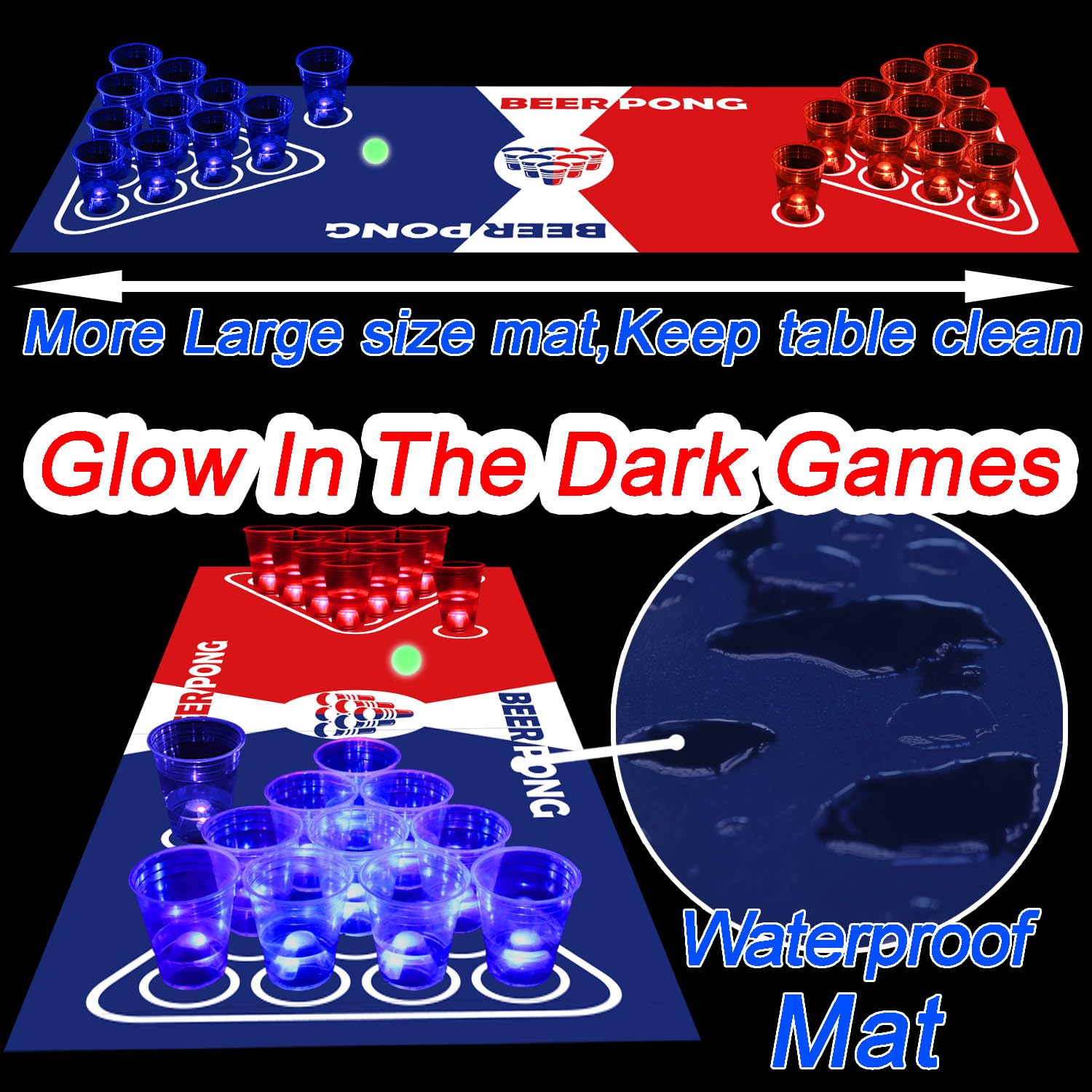 Set di tovagliette da tavolo Glow Beer Pong da 180,3 x 58,4 cm, set portatile per giochi di festa, 22 tazze luminose (rosso e blu), 6 pong luminosi che si illuminano al buio