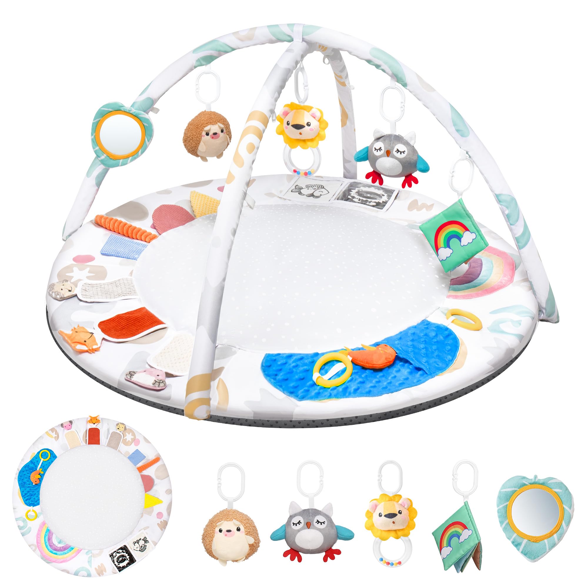 Montessori Baby Play Gym Activity Mat for Brain Development 0-12Mo 5-Sensory Zones 5 Toys Portability Tummy Time Activity