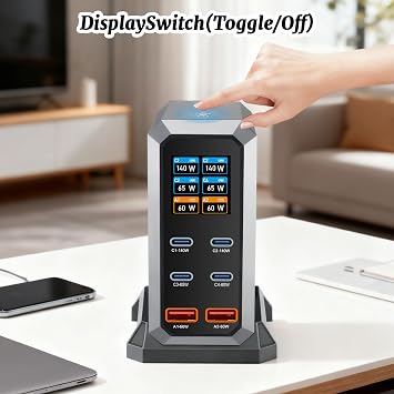 240W USB C Charger Block - 6 Port Multi Port USB C Fast Charging Station, GaN PD 140W 65W/QC 60W Laptop Charger Hub with LCD Display for MacBook, iPad, Galaxy, iPhone 17/16/15 Pro(Gray)