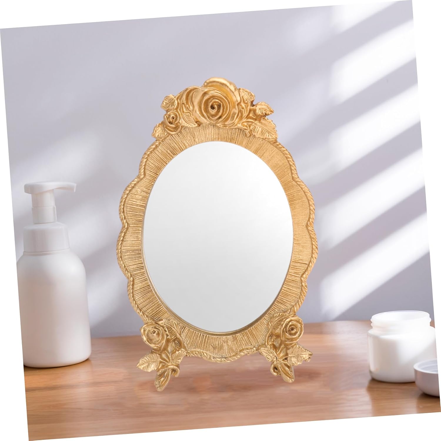 European Style Resin Handheld Oval Makeup Mirror Golden image 5