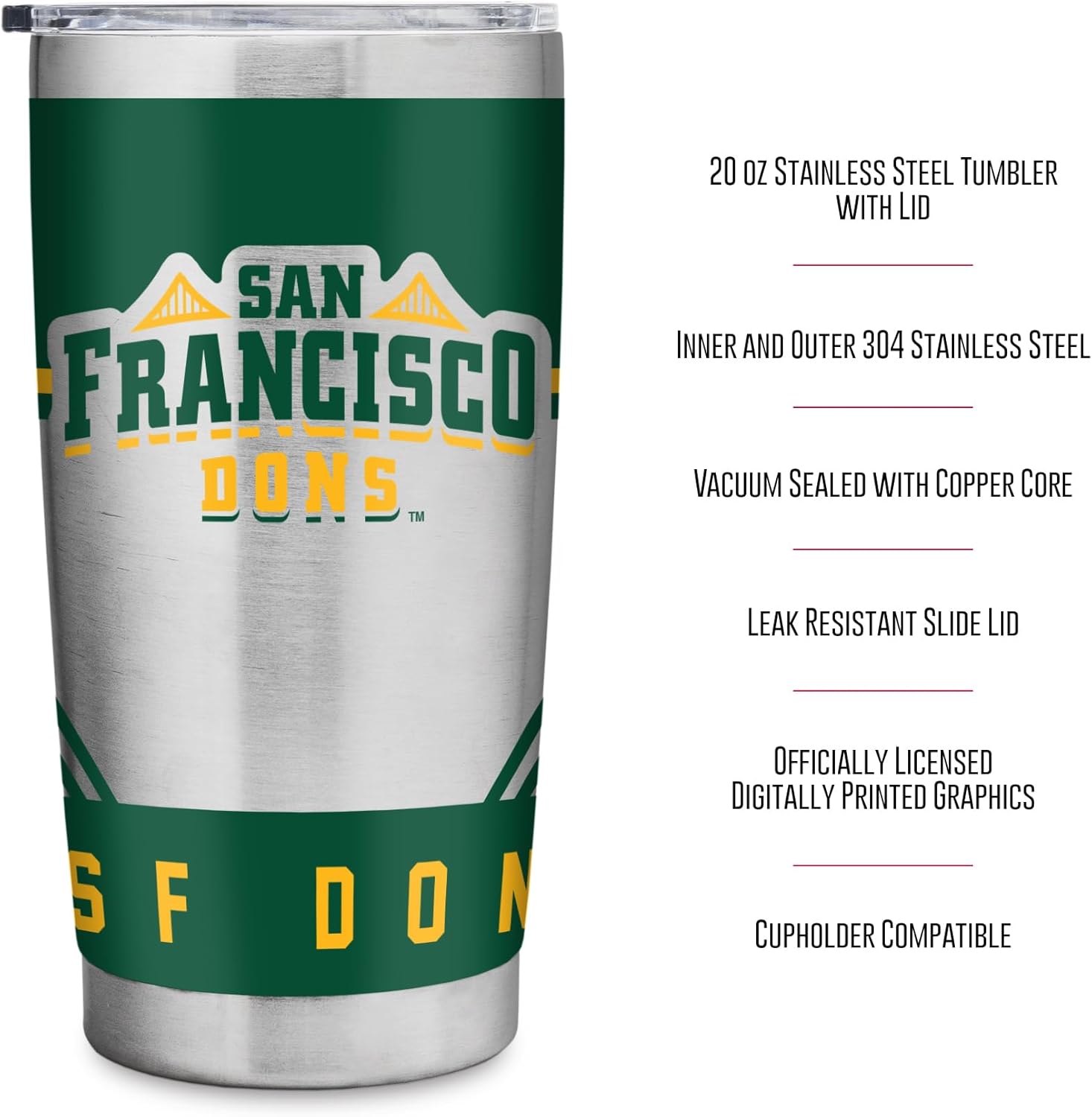 Rico Industries NCAA San Francisco Dons Standard 20oz Stainless Steel Tumbler with Lid - Great For Coffee, Tea, Water or Cocktails
