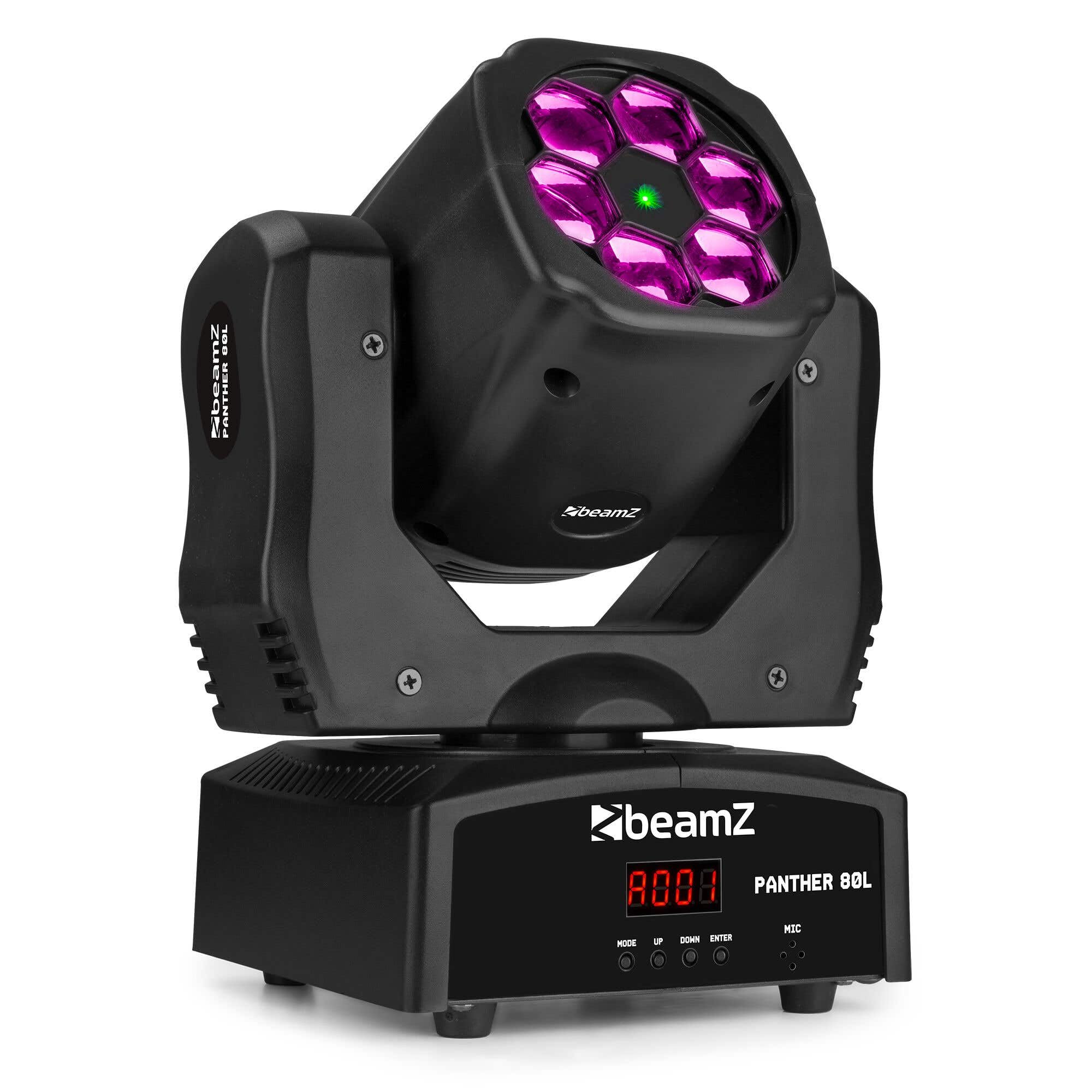 BeamZ Panther80L Bee Eye Moving Head 6×12 W RGBW LEDs, Rotierende Linse, Grüner Pattern Effekt, 540° Pan, 180° Tilt, DMX Soundsteuerung, inkl. Fernbedienung, Kompakt Wash Lichtshow
