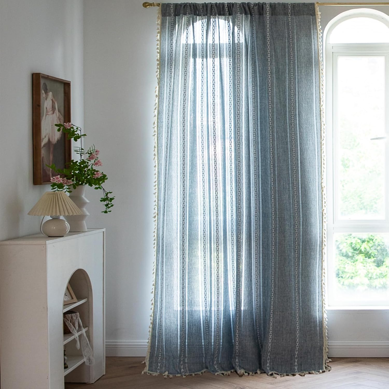 Sutuo Home Blue Boho Curtains for Bedroom Living Room, Semi-Blackout French Country Striped Linen Vintage Shabby Chic Tassels Hollow Window Treatment Bohemian Drape, 1 Panel 52" W x 96" L