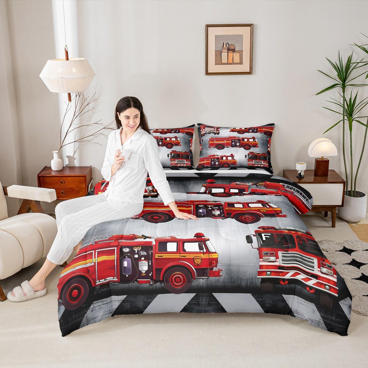 Amazon｜Manfei 消防車 掛け布団セット ツインサイズ 赤 消防士 車