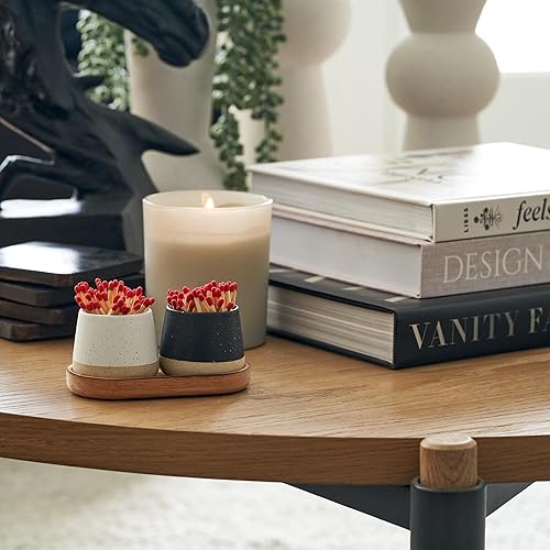 Miniatura 5 de Soporte decorativo de cerámica con bandeja de madera, juego de 2 hermosos soportes mate con huelguista que son una actualización para cualquier