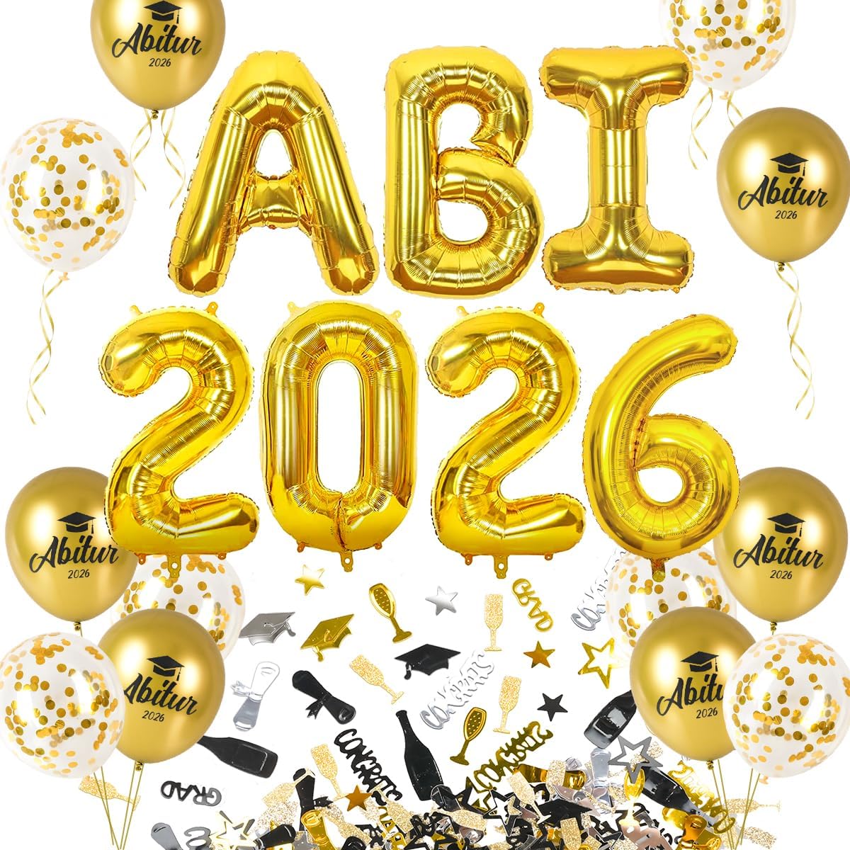 iZoeL Abitur 2026 Deko, ABI 2026 Folienballons, ABI Luftballon Konfetti Tischdeko, Abschluss Abschlussfeier Abitur Schulabschluss Dekoration Gold