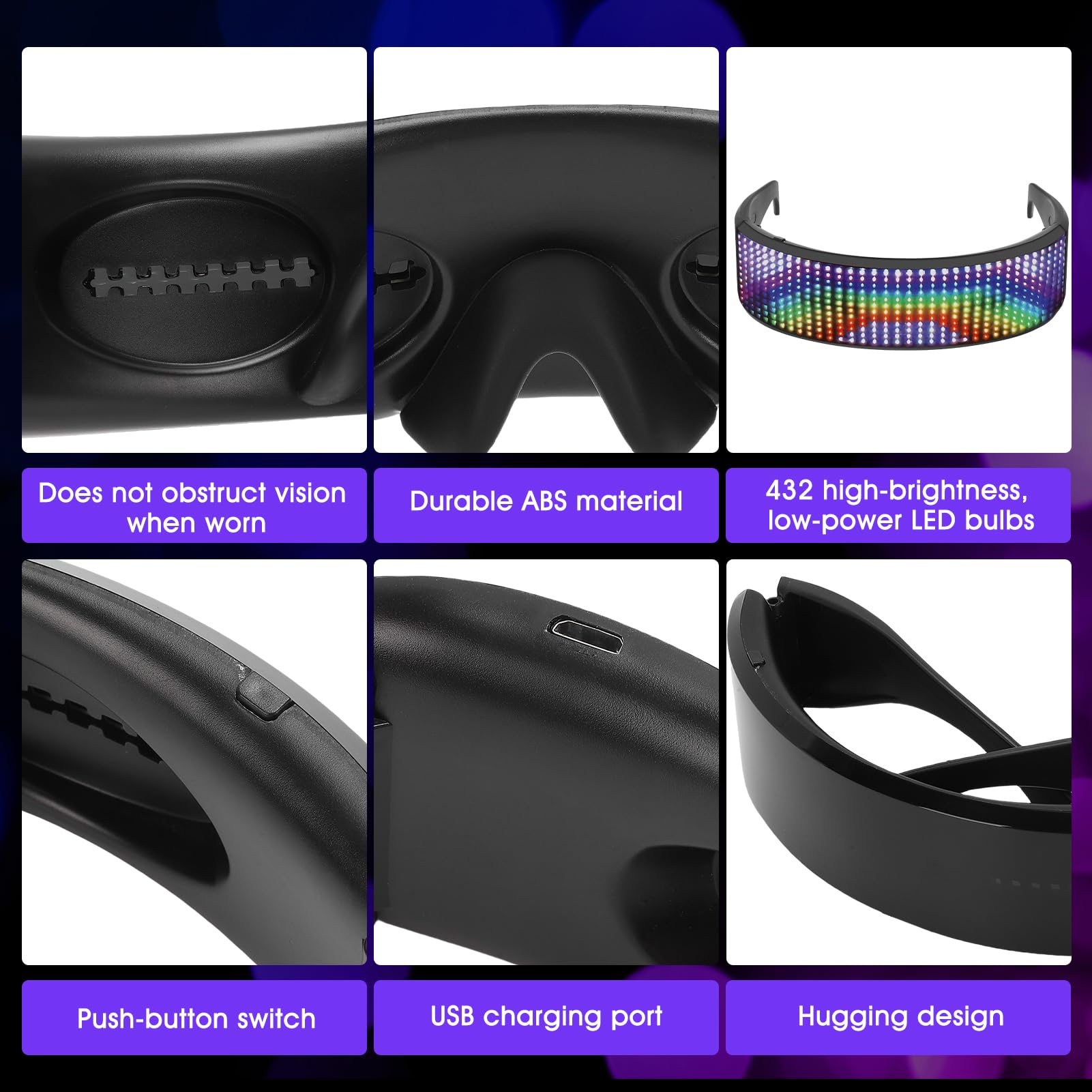 Gugxiom Divertidas gafas LED, gafas de fiesta LED, control de aplicaciones, imagen DIY, decoración luminosa recargable por USB, gafas luminosas únicas para danza de barba, fiesta de Halloween