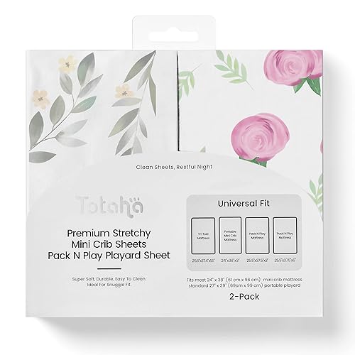 TotAha Sábanas elásticas de primera calidad Pack N Play Playard, sábanas para cuna pequeña (paquete de 2), hipoalergénicas, cómodas y sedosas,
