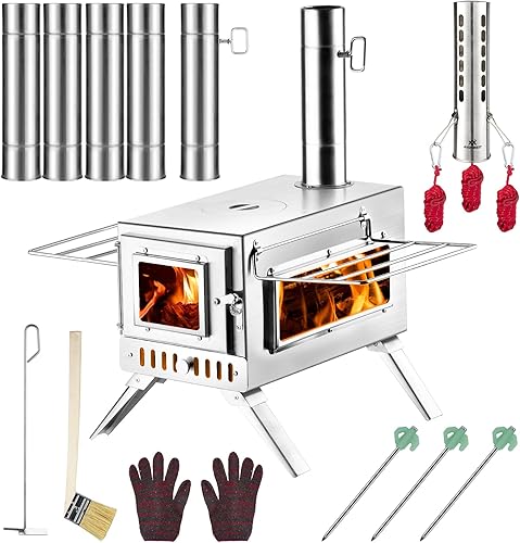 304 - Estufa de leña de acero inoxidable 304, estufa de leña portátil con 6 tubos de chimenea de acero inoxidable para calefacción y cocina al aire