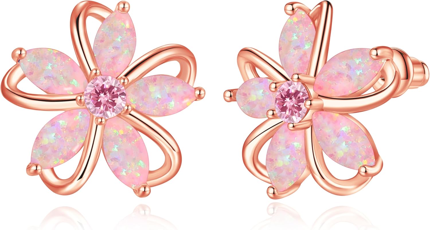 CiNily Womens Flower Earrings Studs Dainty Fire Opal Studs 14K White/Gold Plated Lightweight Cubic Zirconia Stud Earrings Trendy Diamond Jewelry for Wedding Party Birthday Summer Gifts