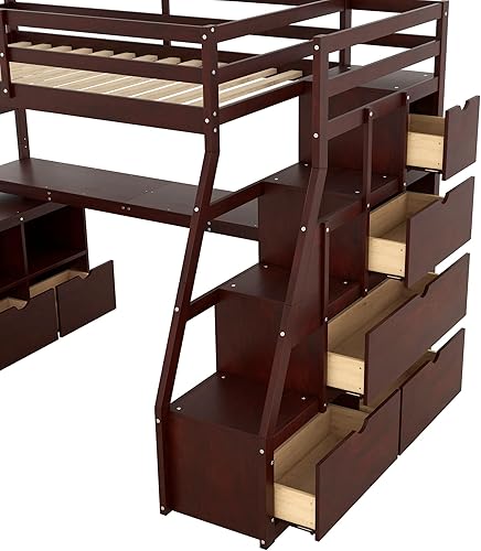 Miniatura 6 de Hlcodca Multipurpose Wooden Twin Size Loft Bed with Attached Desk with ShelvesWardrobe and 7 Drawersfor Kids Boys Girls Teens Adults Bedroom