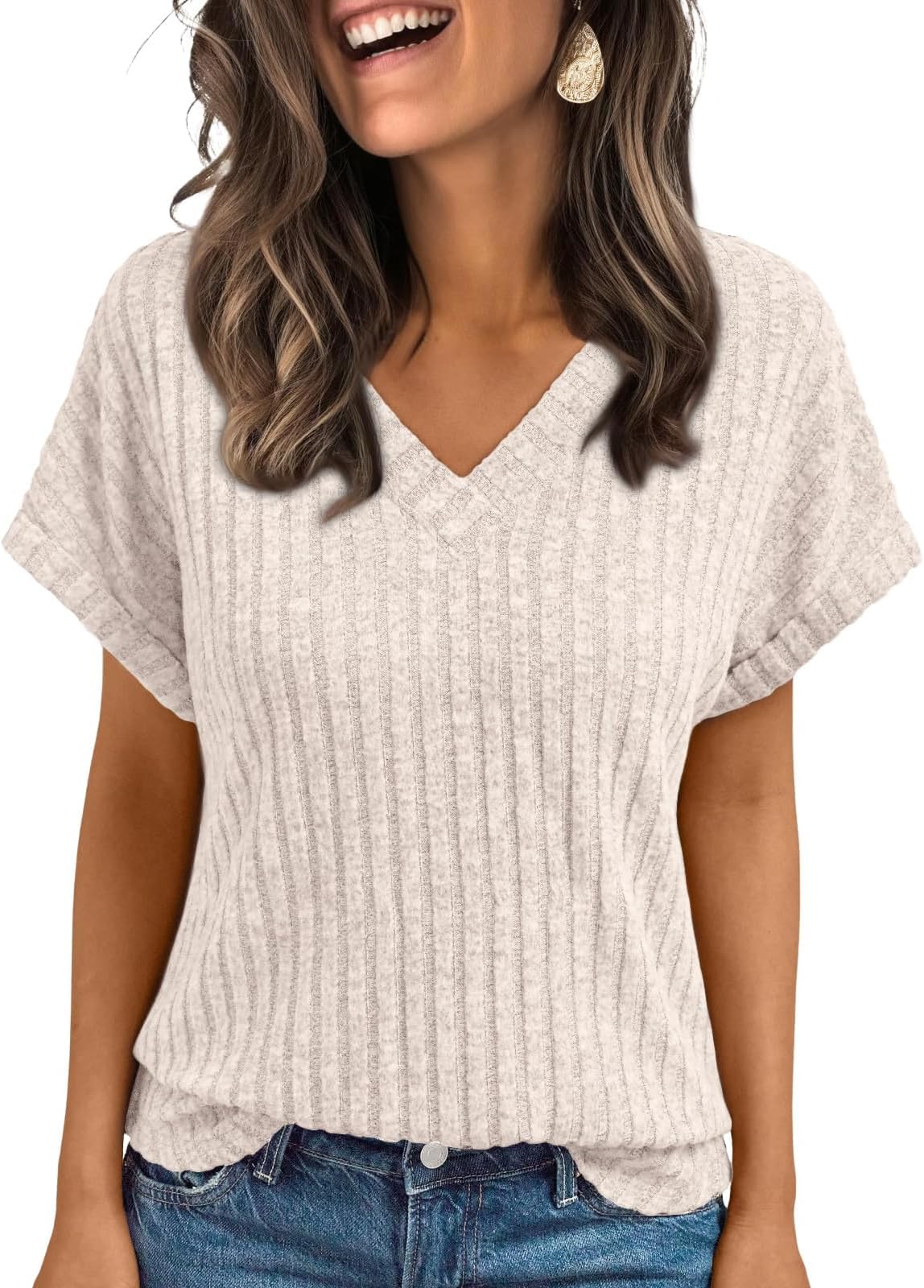 BUNSLOOM T Shirt Damen V-Ausschnitt Kurzarm Leicht Weich Locker Figurbetont Elegant Basic Oberteile Tunika Tops