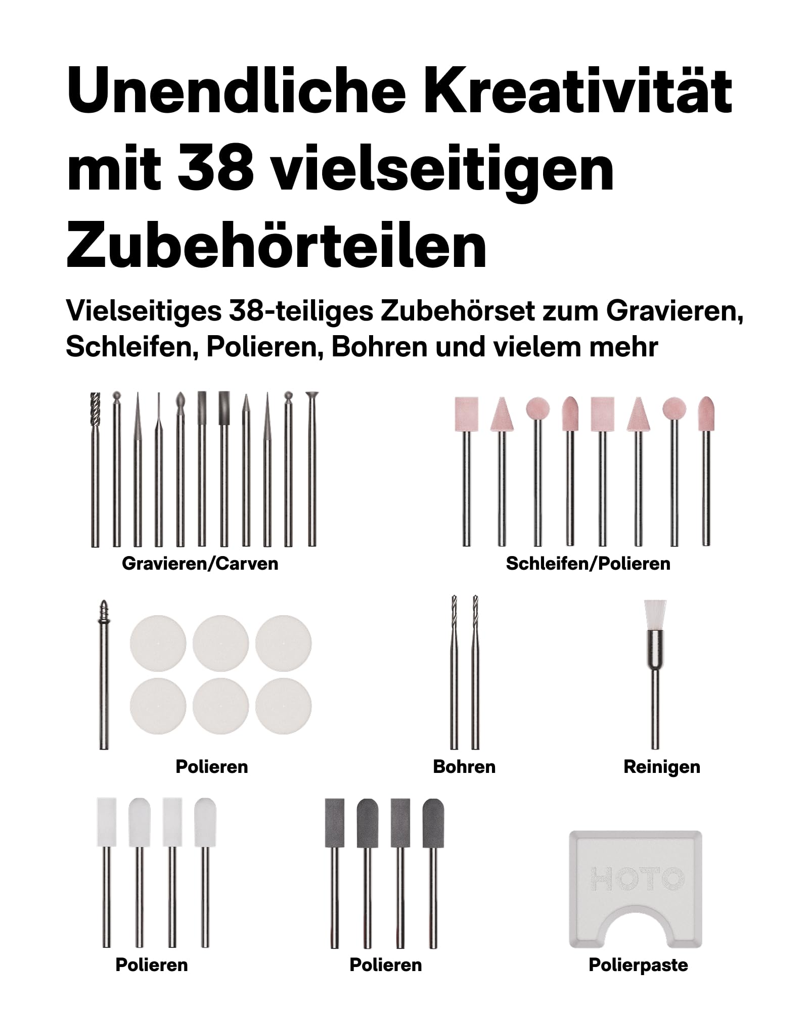 HOTO SNAPBLOQ™ R-A04 Multifunktionswerkzeug, bürstenloser Motor, 15.000–22.000 U/min, 38-teiliges Zubehörset zum Schleifen, Gravieren, Bohren und Polieren