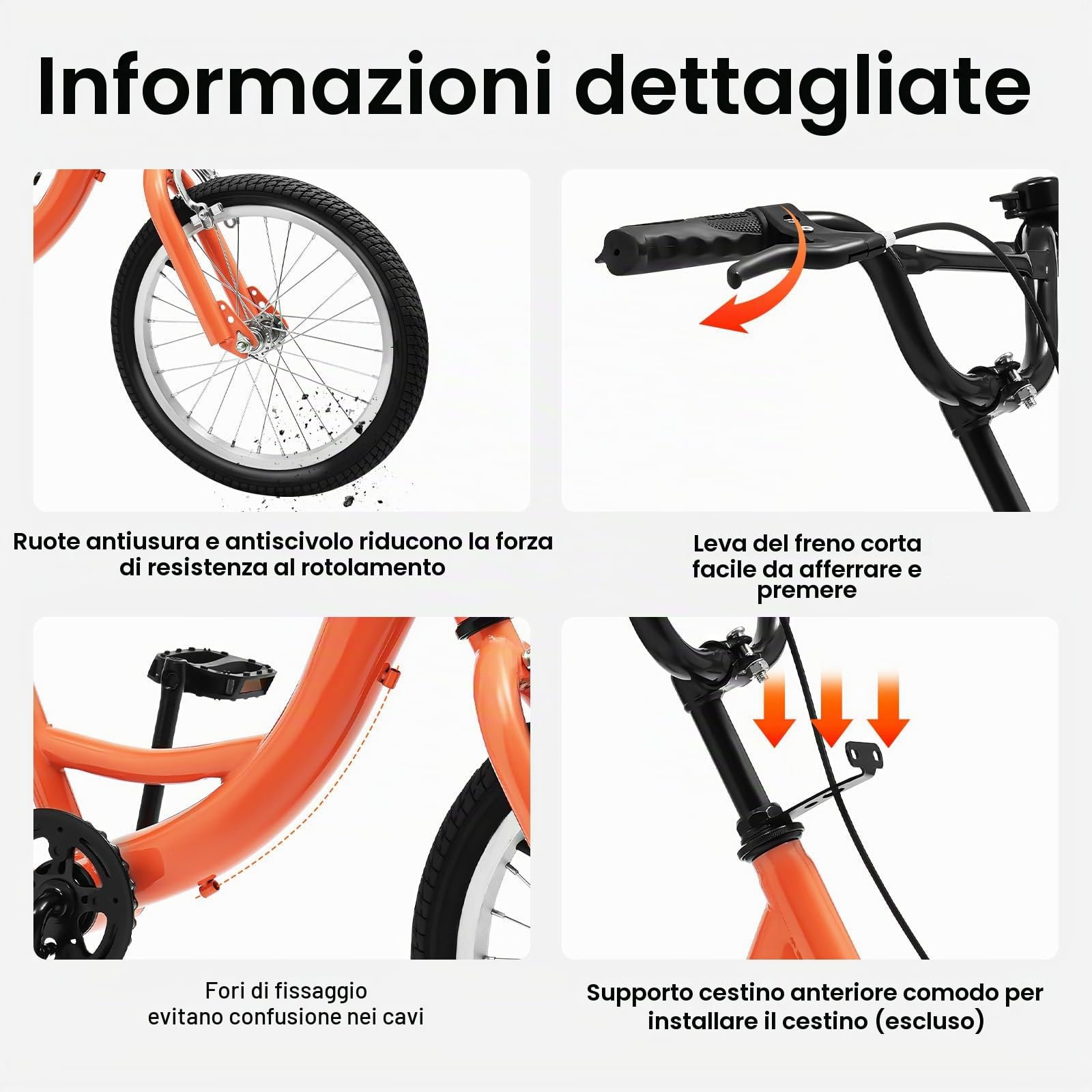 Triciclo da 16 pollici per bambini a 3 ruote con cestino per la spesa, sella regolabile in altezza, triciclo per bambini dai 7 ai 10 anni