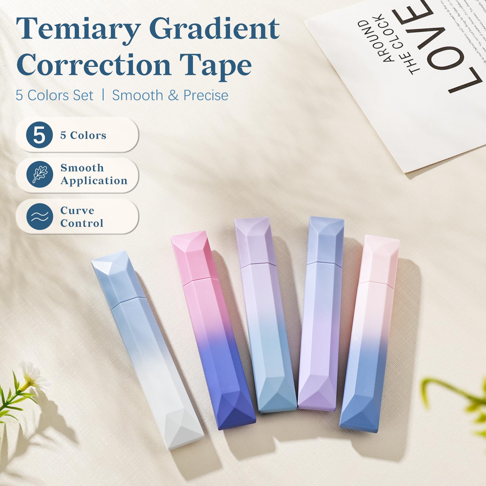Temiary 5 cintas correctoras blancas, estéticas blancas suaves y extraíbles para correcciones instantáneas, aplicador en forma de bolígrafo resistente al desgarro fácil de usar para suministros