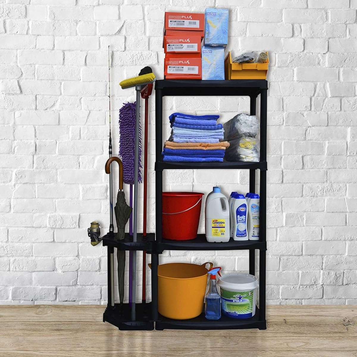 INTEC - Étagère de Rangement 4 Niveaux Noire modulable Polypropylène Résistant Garage Buanderie