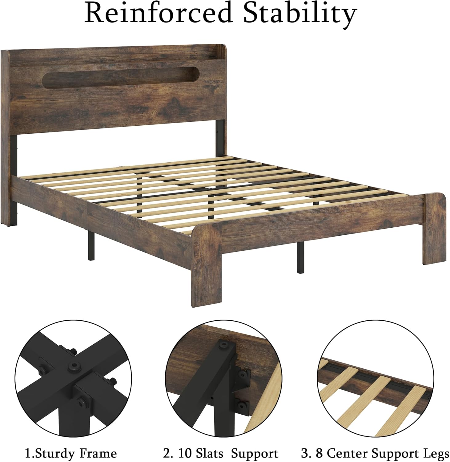 Farmhouse King Size Wood Platform Bed Frame with Storage LED Light Headboard and 2 USB, Under Bed Storage, Noise Free, No Box Spring Needed, Easy Assembly