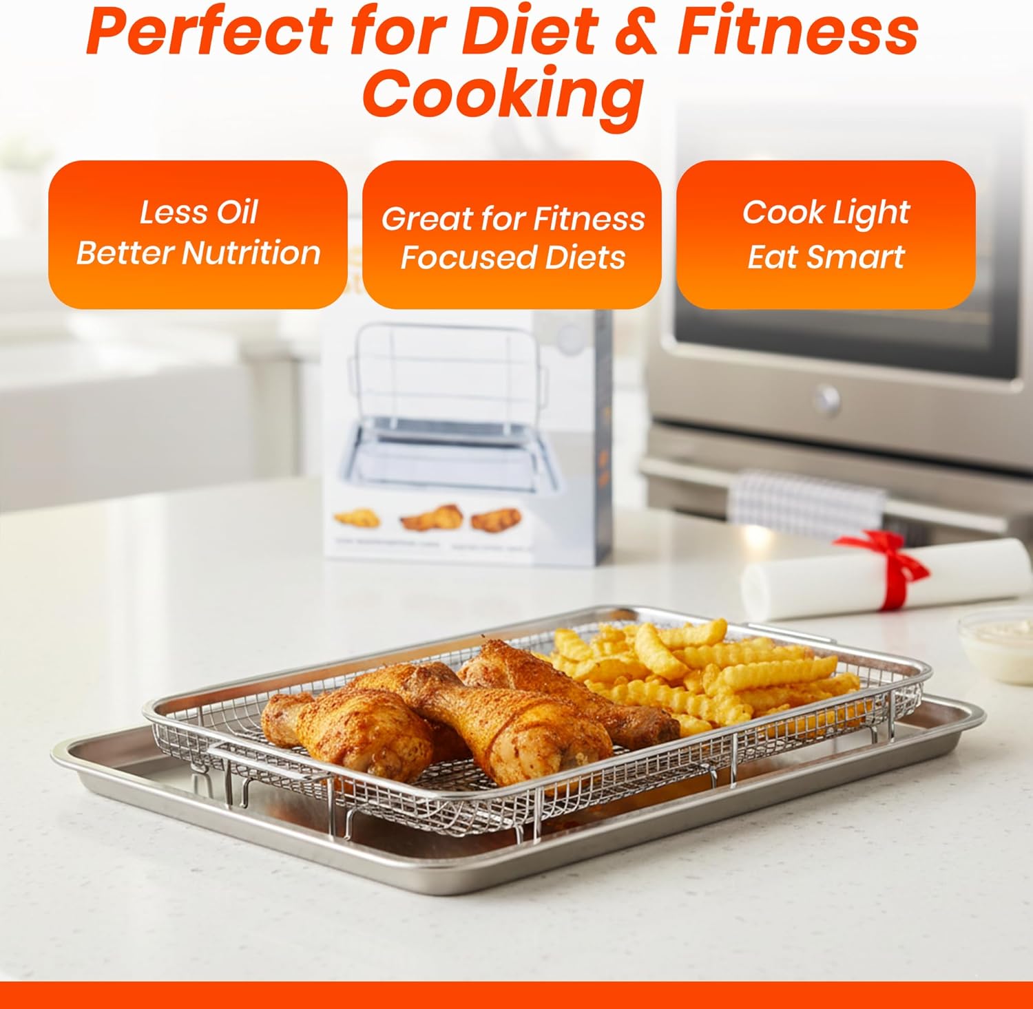 Air Fryer Basket & Tray Set, Extra Large 18.8" x 11.2" Oven Air Fryer Pan and Crisper Set, Stainless Steel Oven Air Fryer Basket and Tray for Baking Grilling, Nonstick Crisper Tray & Basket (Silver)