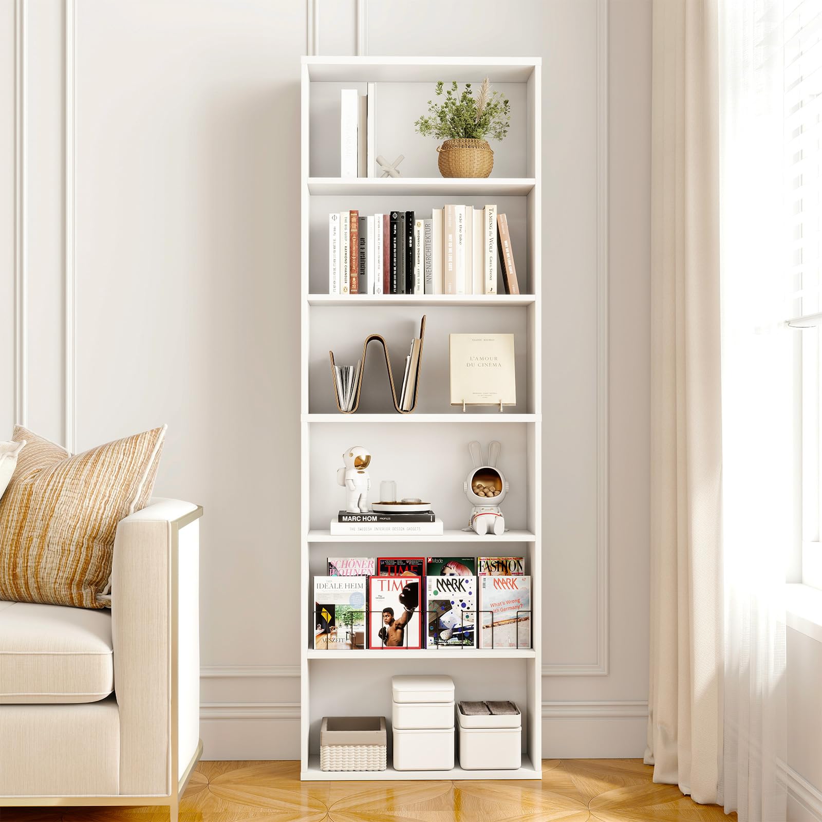 Levede 6-Tier Bookcase, Tall Bookcase, Wooden Bookcase, Modern Open Storage Shelf for Home and Office, 178.5 cm Tall, White