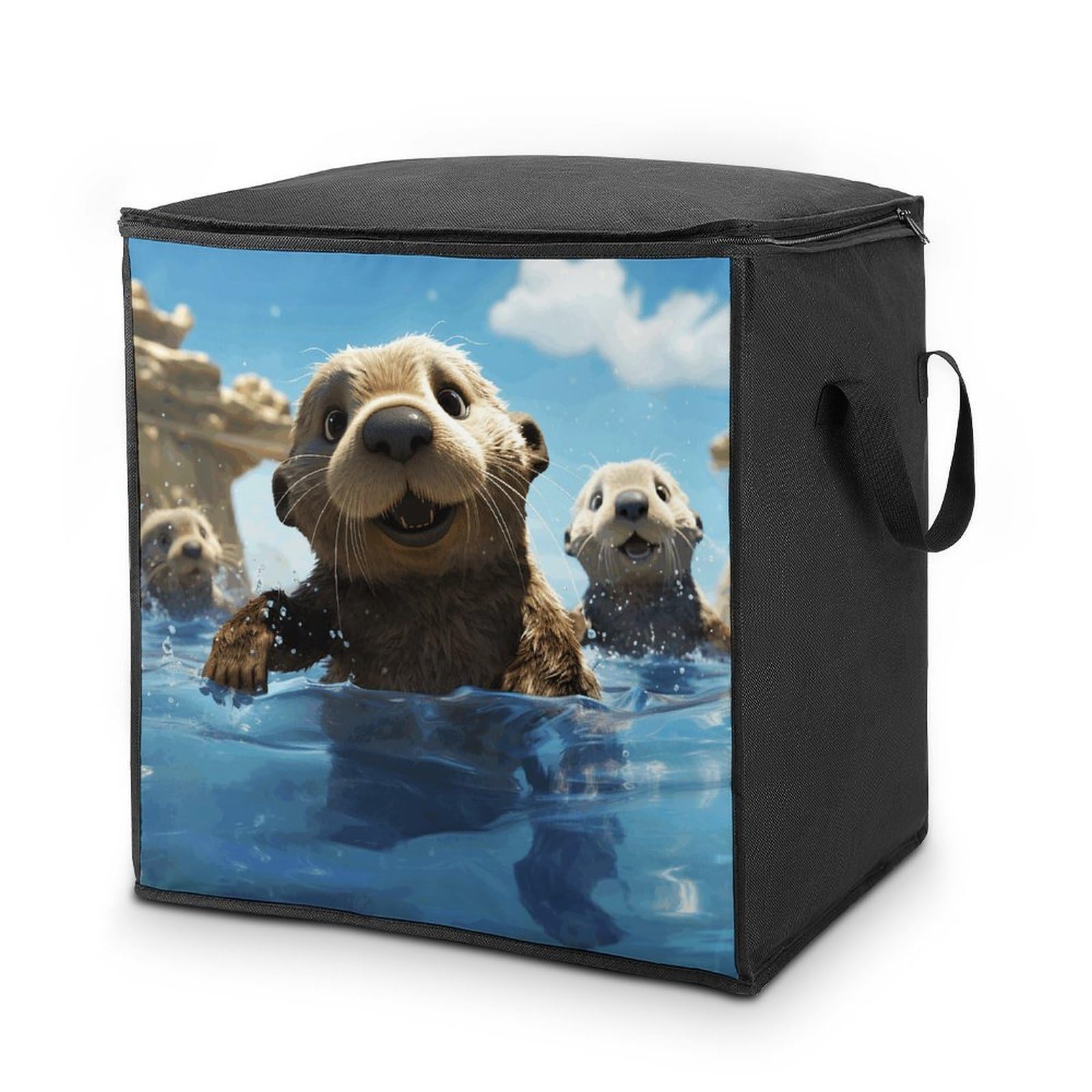 70L Lovely Sea Otter Print Storage Bag With Zipper Closet Organizers with Handle for Home Storage Organizer for Blankets Quilts Clothes Comforter Bedding And Pillows