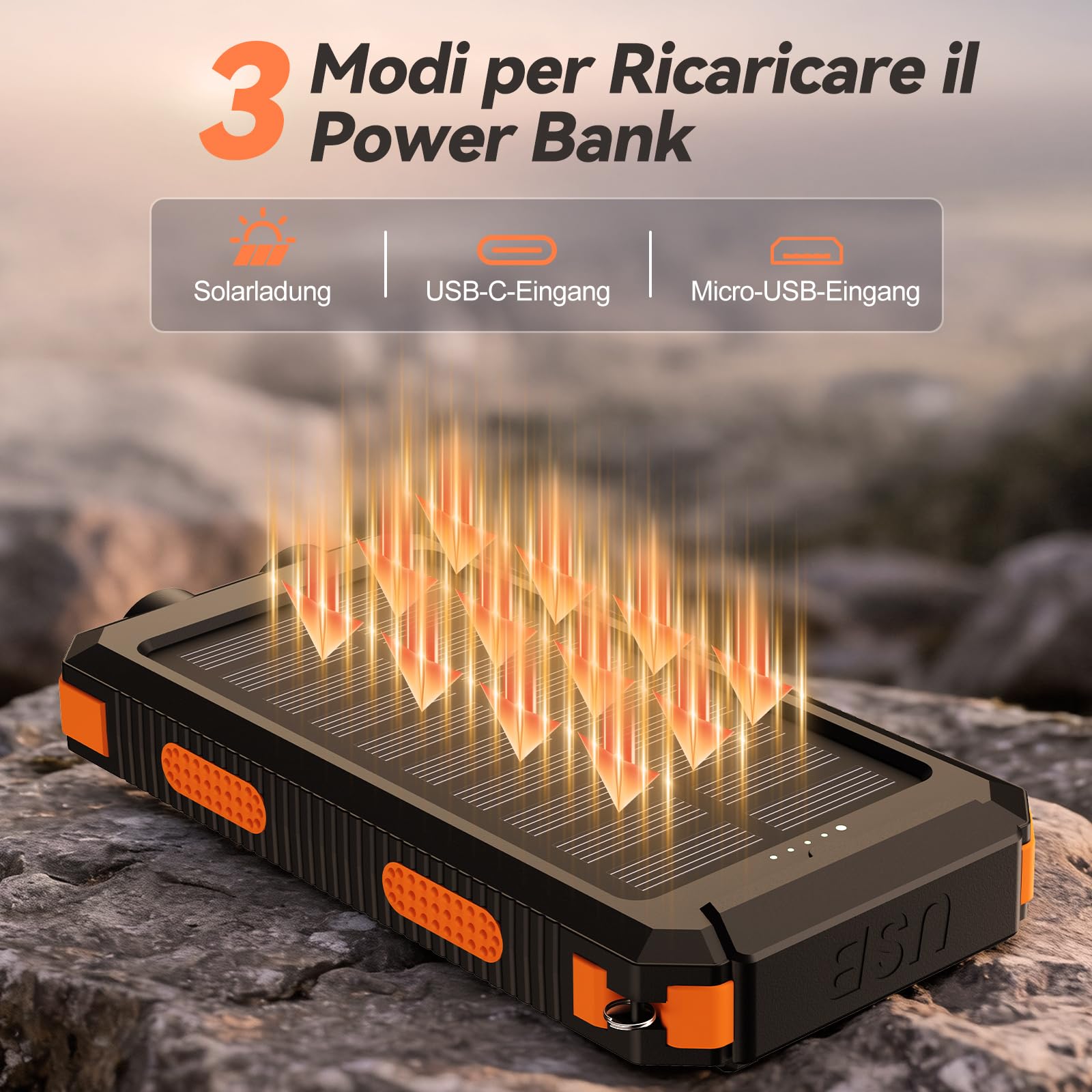 Vikeri Powerbank Solare da 26800 mAh, Power Bank Solare Impermeabile, Porta USB-C per Ricarica Rapida, con 4 uscite, per Smartphone, Tablet, ecc. (Arancione intenso)