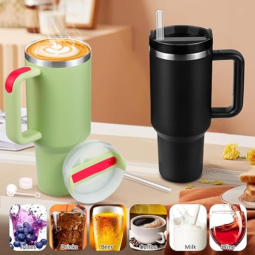 Miniatura 5 de BELYQLY Vaso aislado al vacío de acero inoxidable de 40 onzas con tapa y popote para agua, batidos y más, té helado o café (negro)