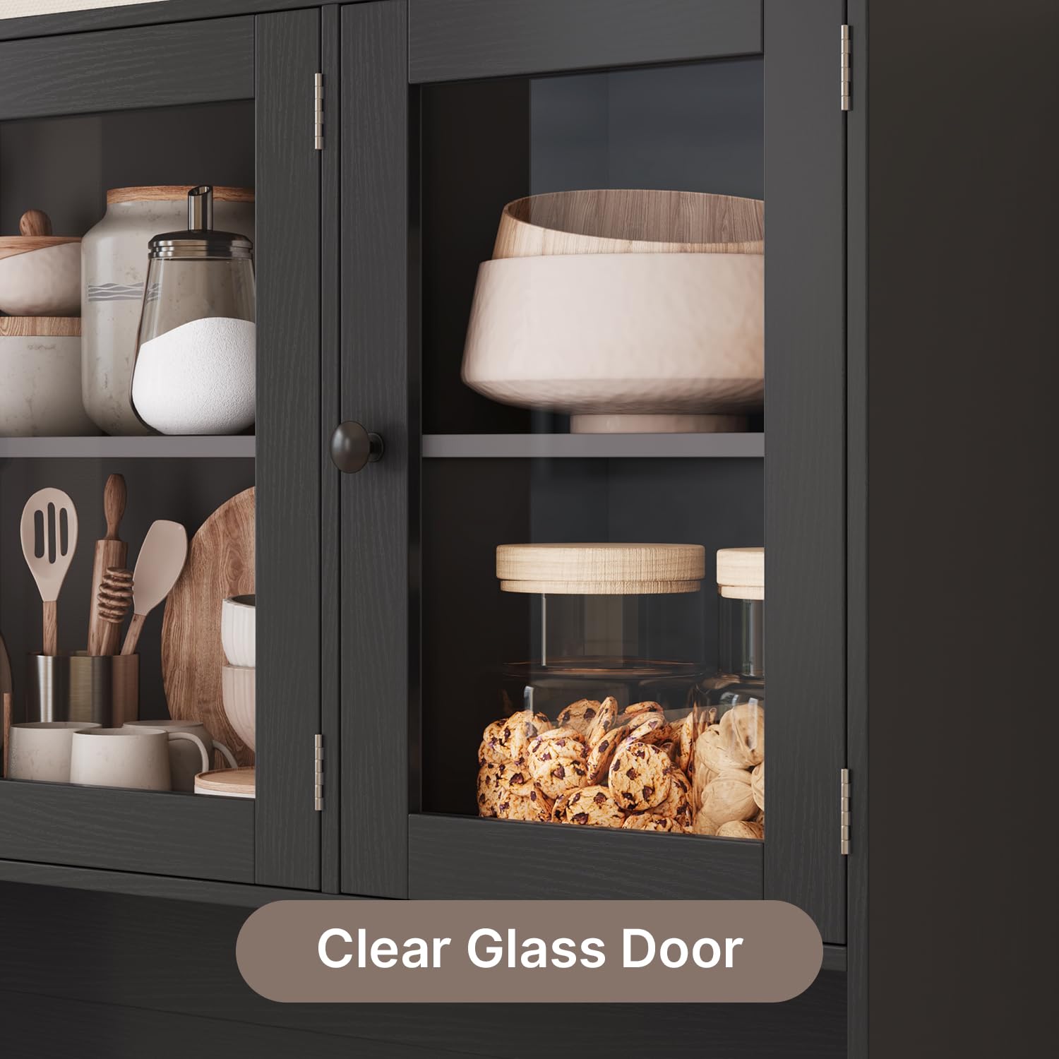 Xbro Armoire Cuisine, Buffet Haute avec Éclairage LED et Prise, Buffet avec 5 Portes, 3 Tiroirs et Portes en Verre,Meuble de Rangement avec Dispositif Anti-Basculement, 100 x 40 x 180 cm, Noir