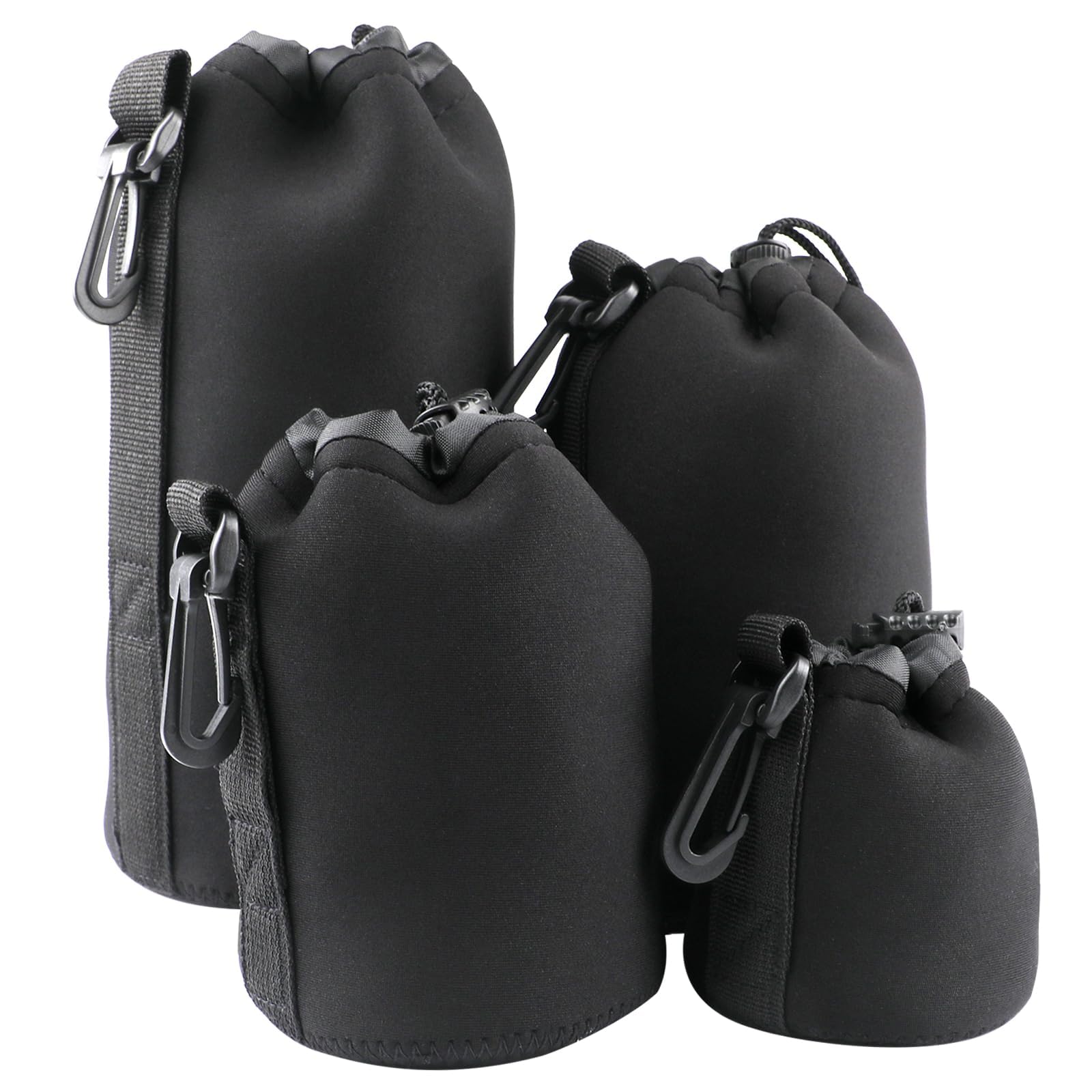 4 Stück Objektivtasche Set aus Neopren Objektivbeutel in 4 Größen,Schwarz mit Kordelzug, Kamerazubehör Schutz für Kamera Objektiv,weiche Schutzbeutel für DSLR Zubehör Canon Nikon Sony Pentax Olympus