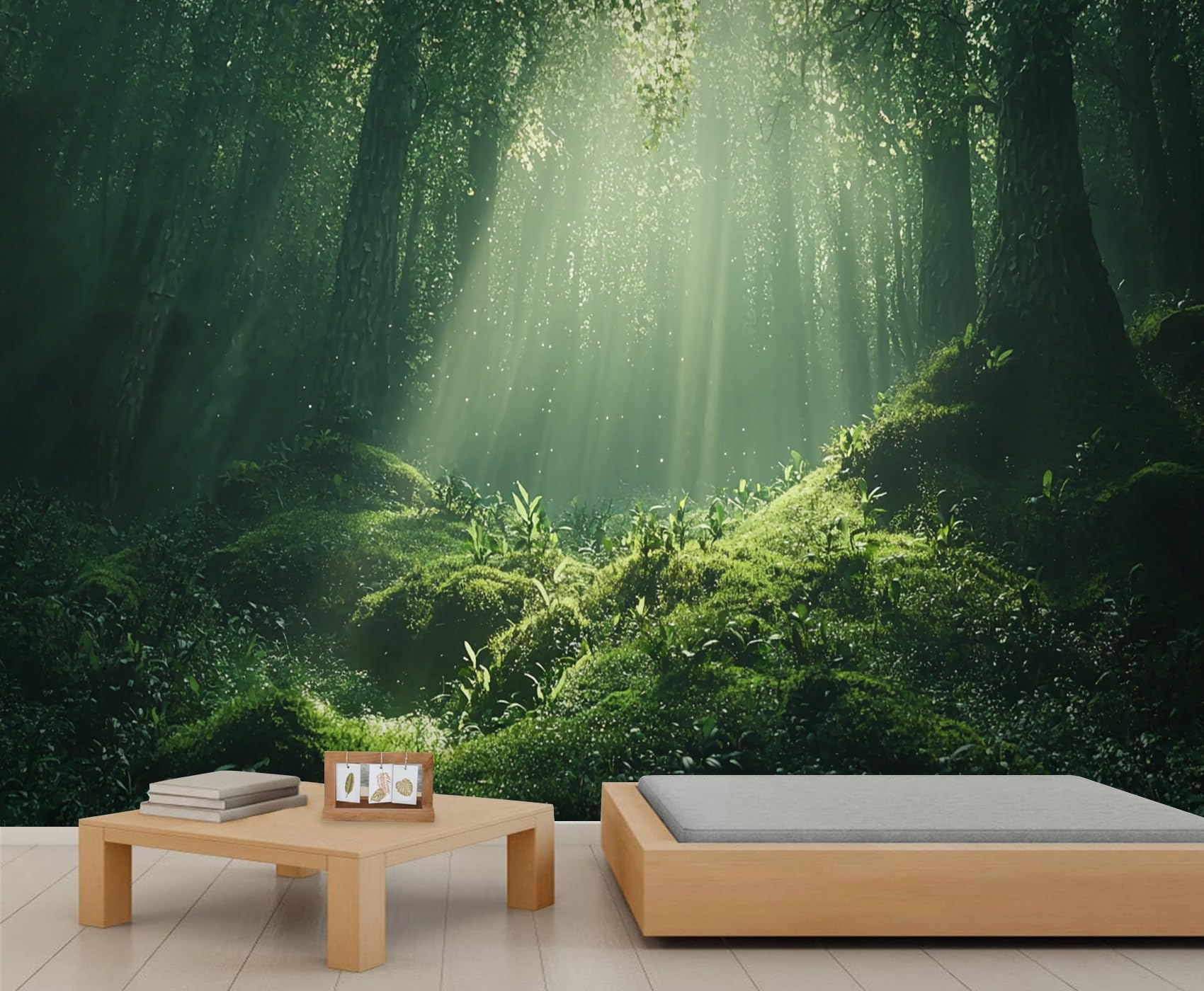 Forest Wall Mural Green Moss Jungle Flowers Wallpaper Green Trees Sunny Forest Mural Wallpaper Nature Scenery Wall Covering for Living Room Bedroom 100 x 70 cm