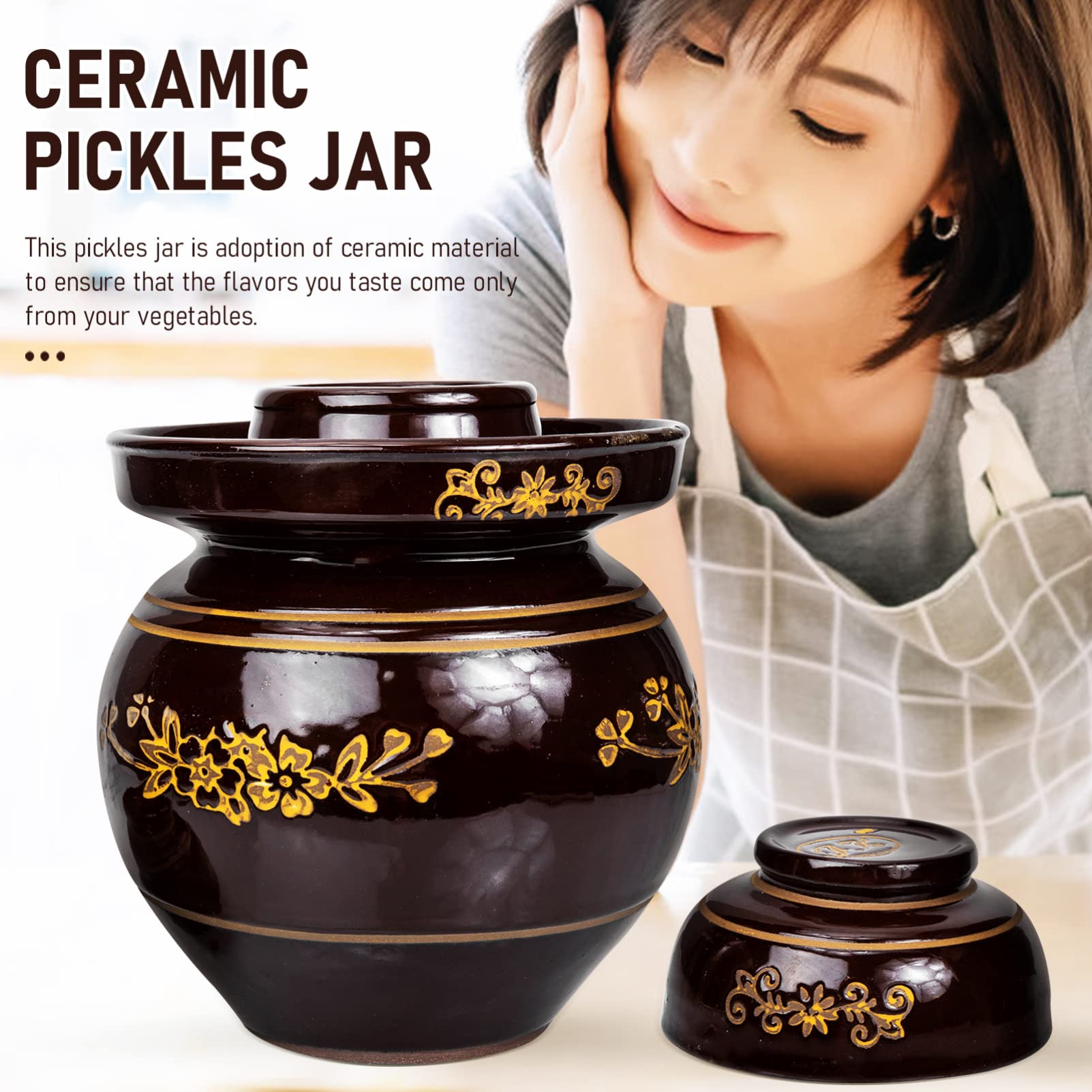 Słoik na pikle, tradycyjny chiński słoik na pikle, Ceramiczny słoik do marynowania Garnek fermentacyjny Tradycyjny chiński słoik do fermentacji z uszczelką wodną Pokrywka śluzy Retro Pojemniki Kimchi