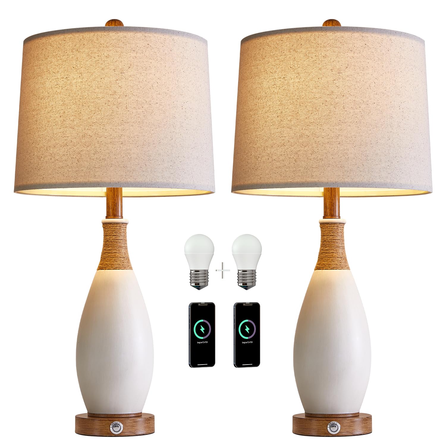 OYEARS 24.5� Boho 3-Way Dimmable Touch Control USB A+C Table Lamp Set of 2 Modern Farmhouse Nightstand Lamp Antique White Resin Bedside Lamps for Bedroom Living Room Office(2 Bulbs Included)