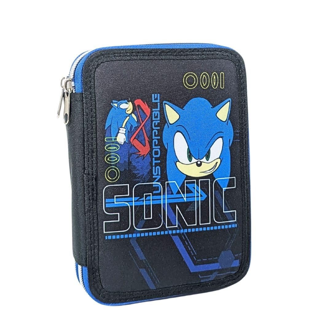 mybagstory – Estuche de Sonic – Estuche recortado doble compartimentos – Rotuladores – Colorear – Niño – Escuela – Guardería – Estuche para niño – Tamaño 20 cm – Idea de regalo, Negro Sonic - Estuche