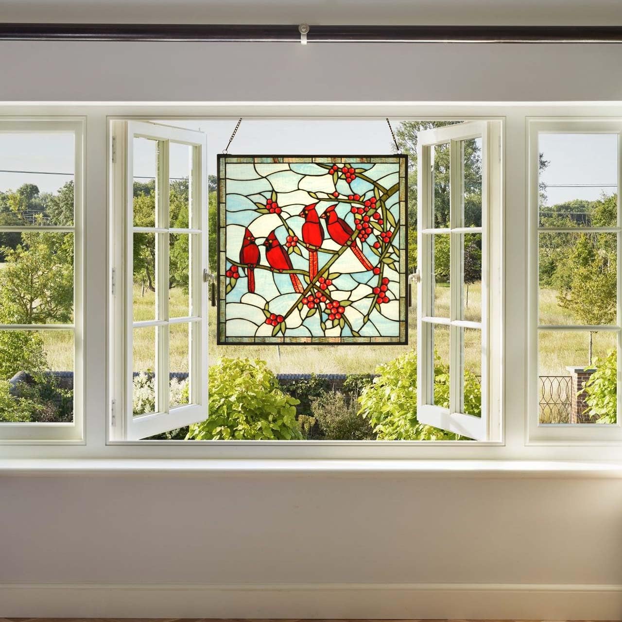 Bieye W10089 Red Cardinals on Holly Branches Tiffany Style Stained Glass Window Panel - 22-inch Square Shape