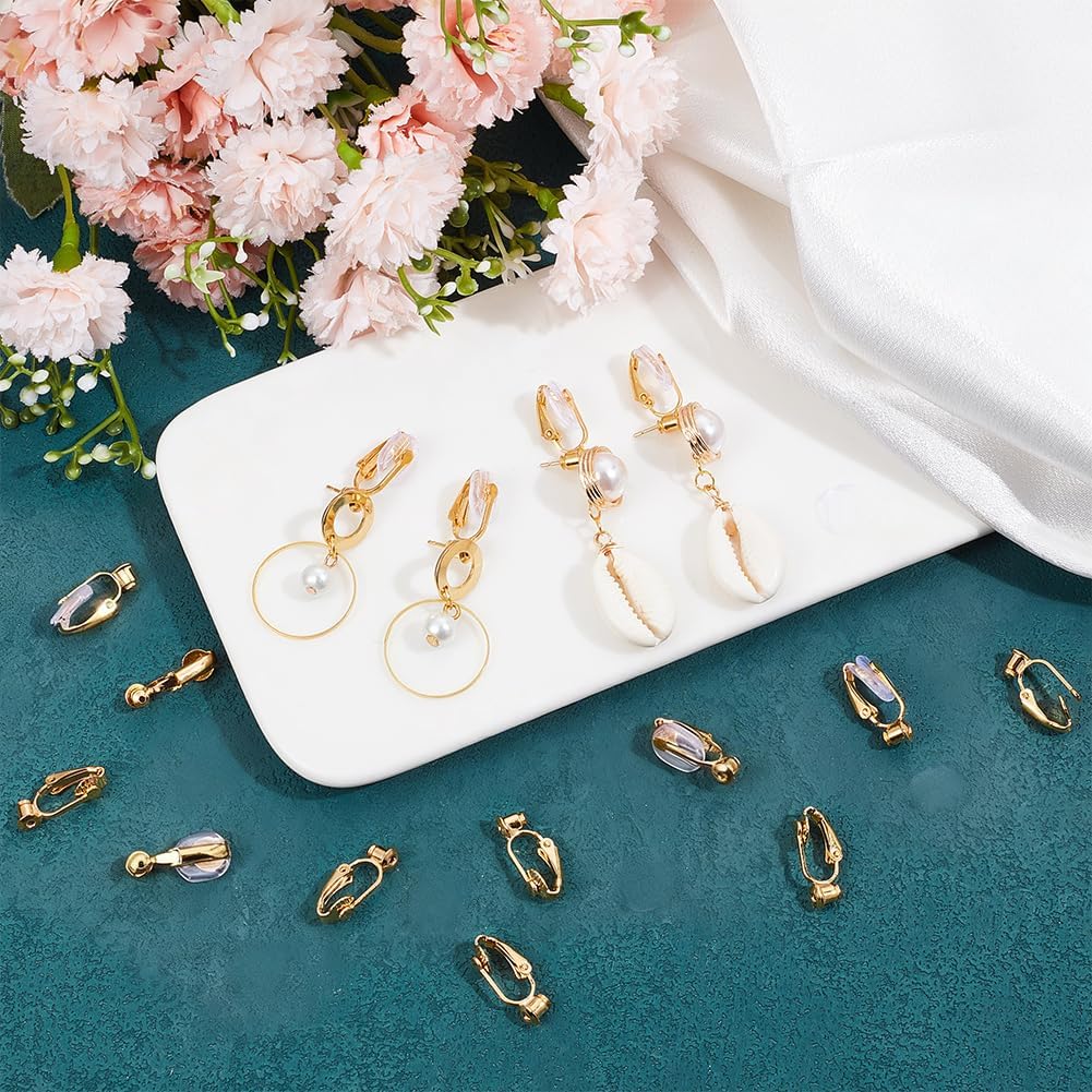 1 Box 36Pcs Gold Earring Converter Clip on Earrings Converter Brass Non Pierced Earring Clips with Silicone Pads Painless Clip on Earring Findings for Jewelry Making Supplies DIY Craft Women